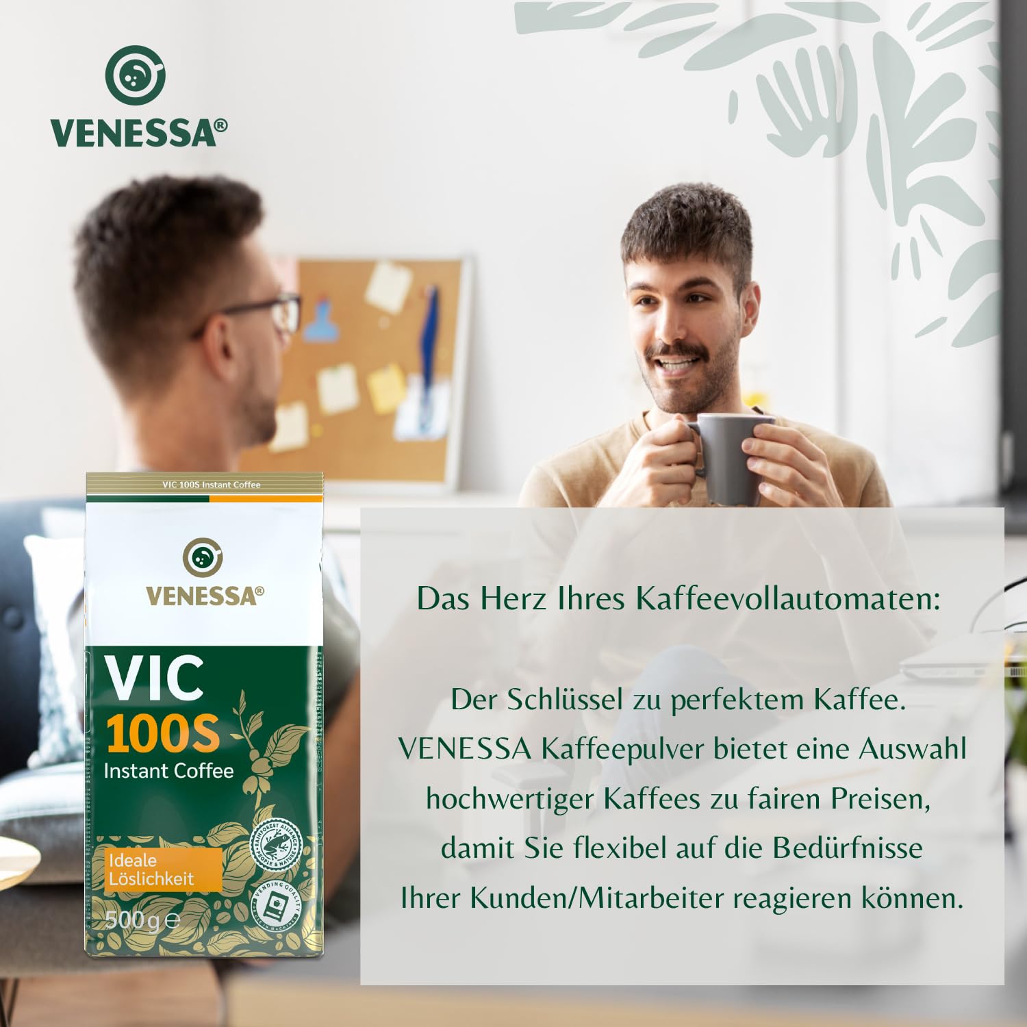 Venessa VIC 100 S - Café instantáneo soluble (15 x 500 g, café tostado, suave y redondo en sabor, café premium para máquinas expendedoras, gastronomía y empresas)