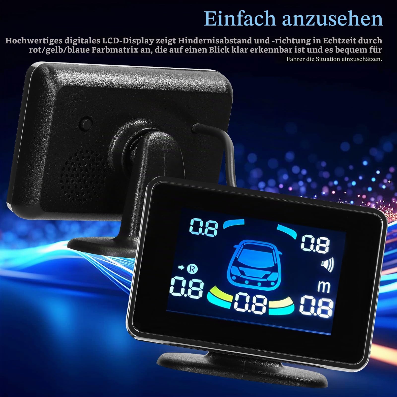 Shkalacar Einparkhilfe, Rückfahrhilfe vorne hinten mit 8 Parksensoren, Abstandserkennung, LCD Abstandsanzeige, Unterstützt akustische Warnung/Summer/Stummschaltung, Parksensor für 12V Fahrzeugen,Grau