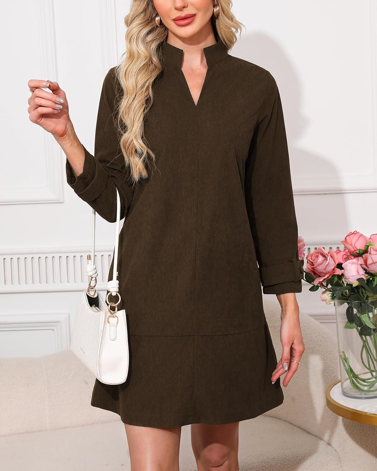Women's Corduroy Dress 3/4 Sleeve V Neck Stand Collar Casual Vintage Fall Mini Shift Dress with Pocket - Image 3