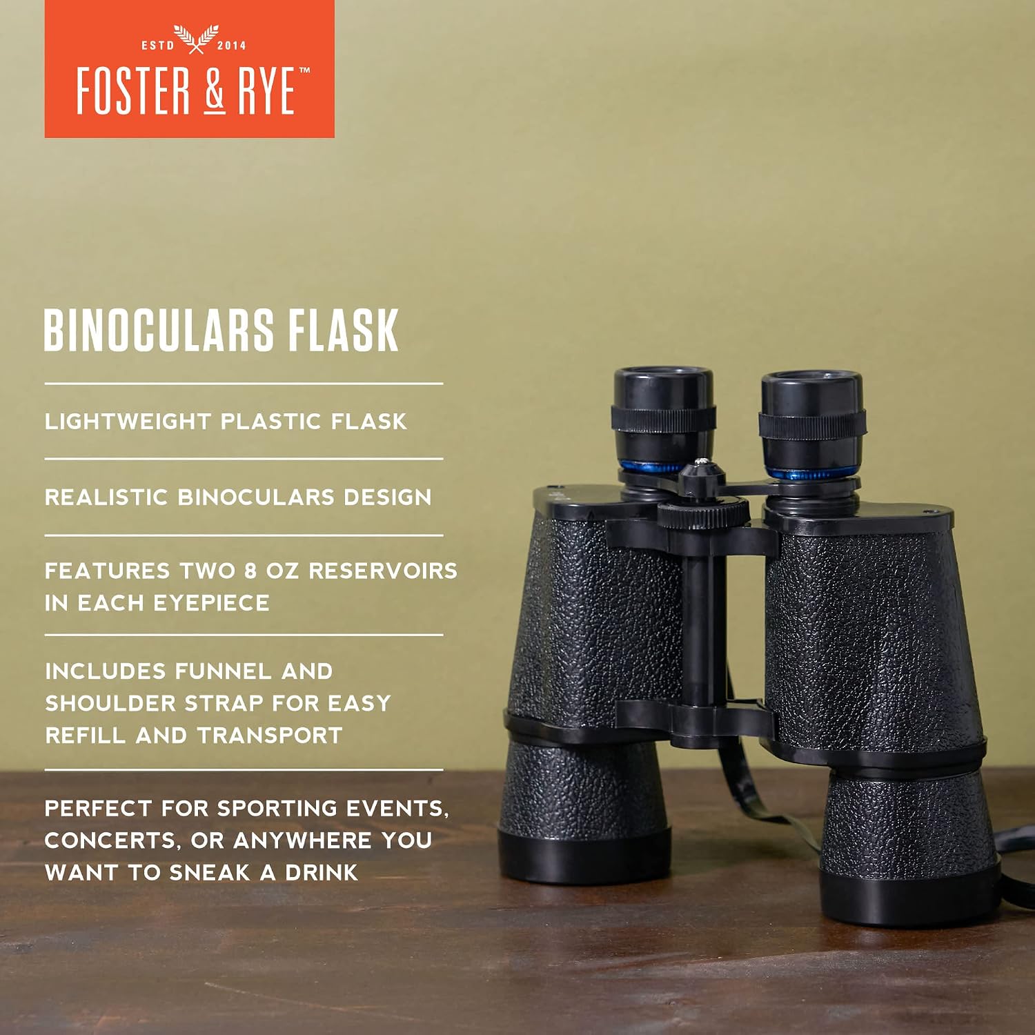 True 1 Box, Binocular Flask, Gameday Hidden Flask, Hidden Alcohol Barware Accessory, Holds 16 oz, Black