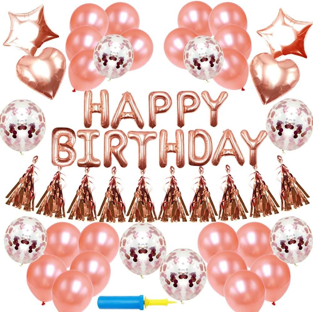 NIUBER Birthday Decorations - Birthday Party Supplies Party Decorations Balloons Rose Gold Happy Birthday Banner Confetti Balloons