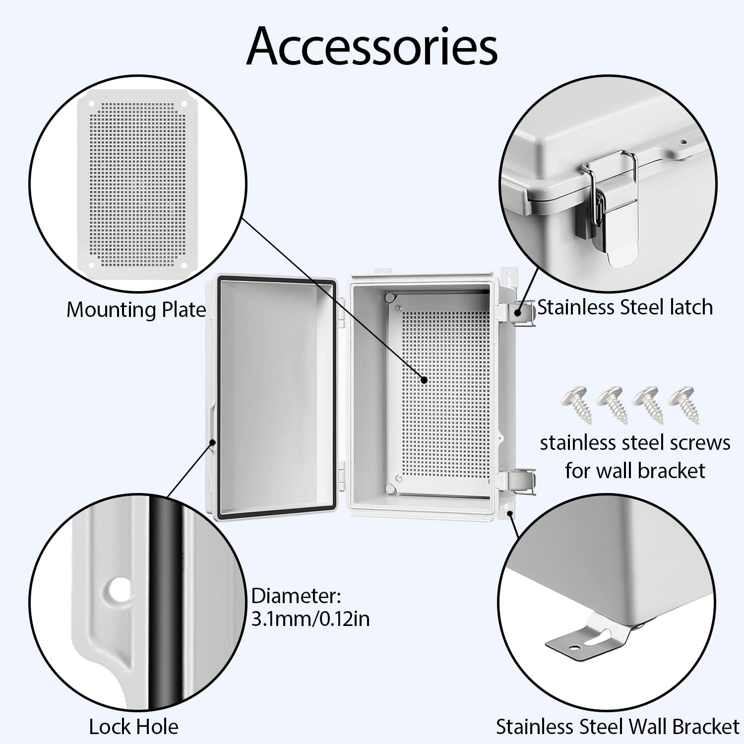 LeMotech Electrical Box, IP67 Waterproof Hinged Cover Stainless Steel Latch Junction Box, ABS Plastic Electrical Enclosure with Mounting Plate,Wall Brackets, Cable Glands,11.4"x7.5"x5.5",Grey