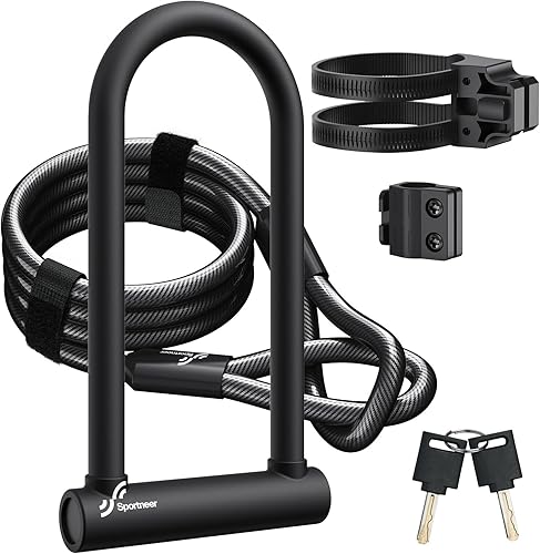 Sportneer Cerradura de bicicleta Cerradura en U para bicicleta resistente con cable de acero de seguridad de 6 pies  Cerraduras en U de bicicleta de