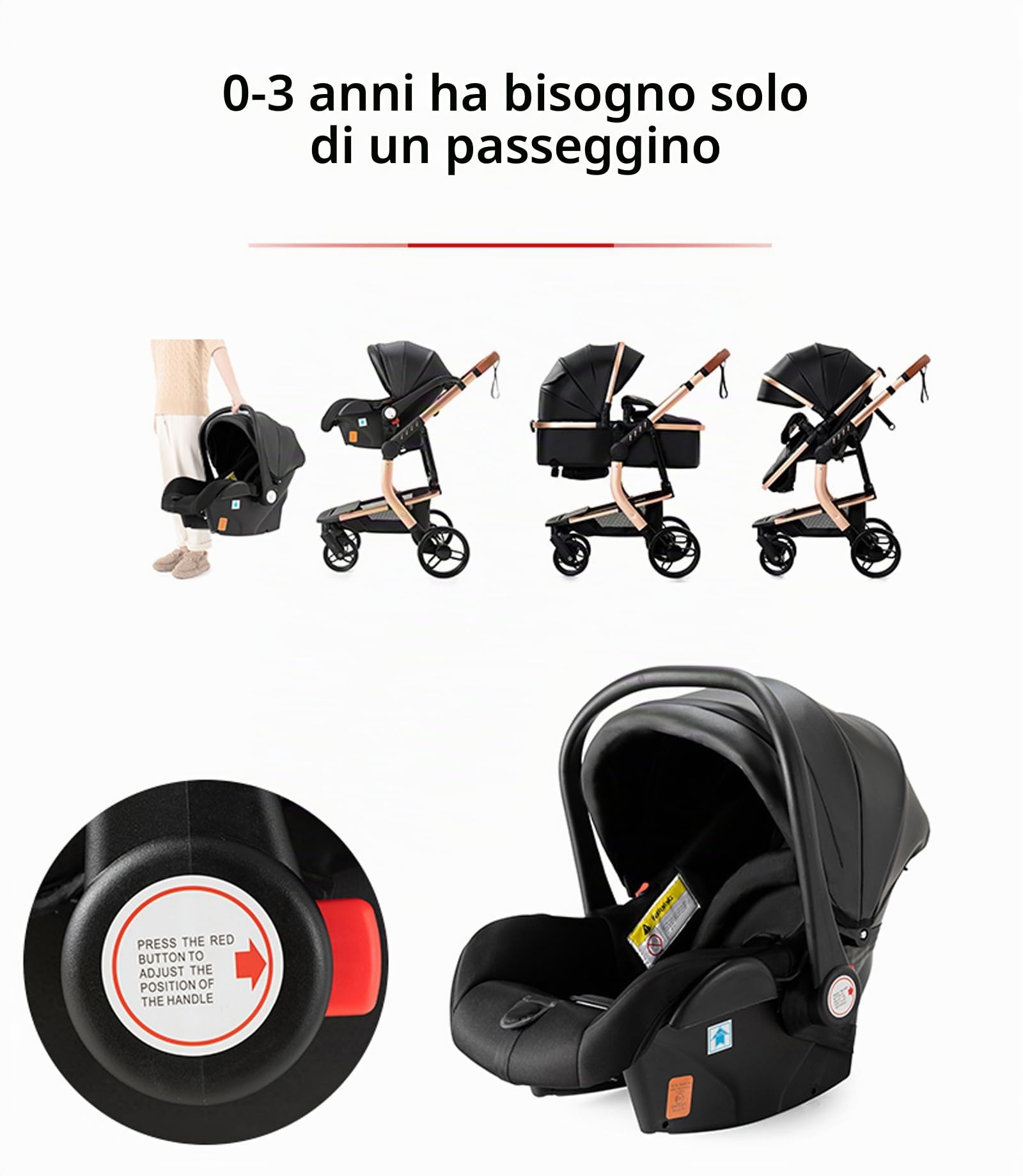 MoLi Pelle PU Passeggino Trio, Passeggino 3 in 1 con Doppia Modalità Push Reversibile, Trio Passeggino Neonati con Grande Navicella, Carrozzina per Neonati in Alluminio Pieghevole (518 Khaki)