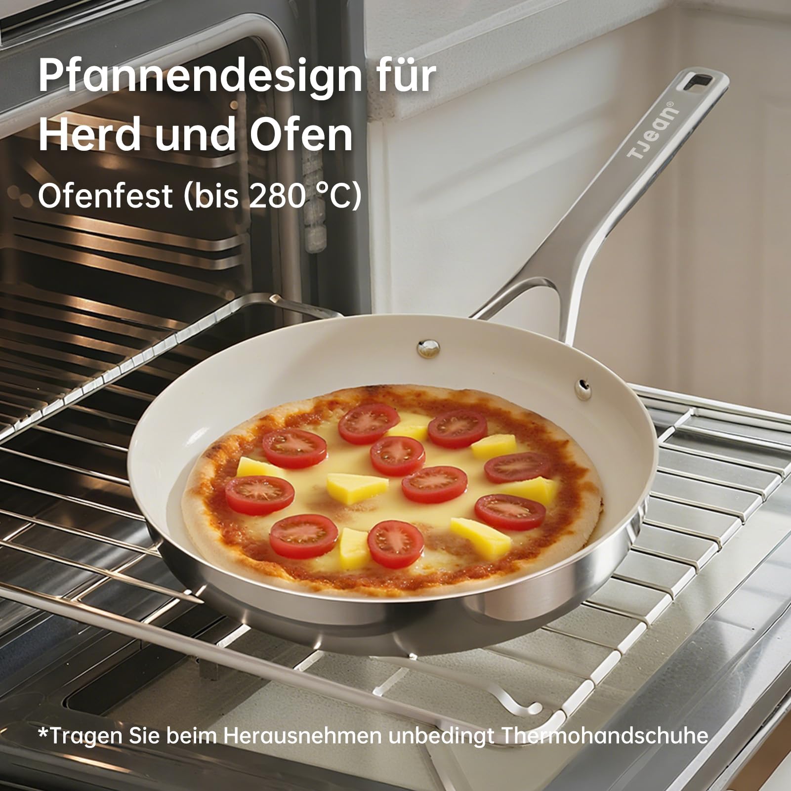 Tjean Antihaft Keramikpfannenset (Ohne PFTE, PFOA, PFAS) mit Edelstahlgriff, geeignet für Induktions-, Gas-, Elektrokochfelder und den Ofen bis 280°C (Cremefarben, 20+24+28cm)