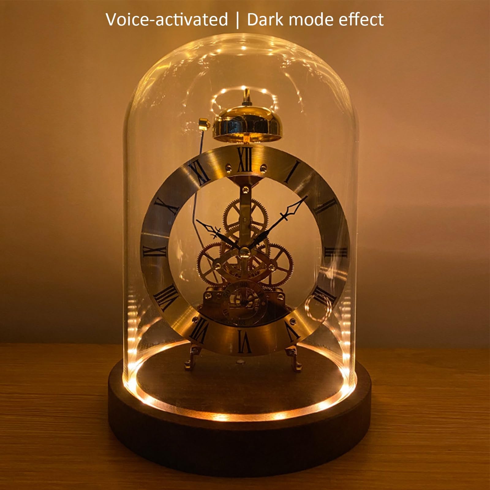 Szklany zegar kopułowy w stylu vintage z mechanizmem kwarcowym, lampka nocna LED, ciepłe oświetlenie, dzwonek godzinowy, tryb cichy, do dekoracji domu