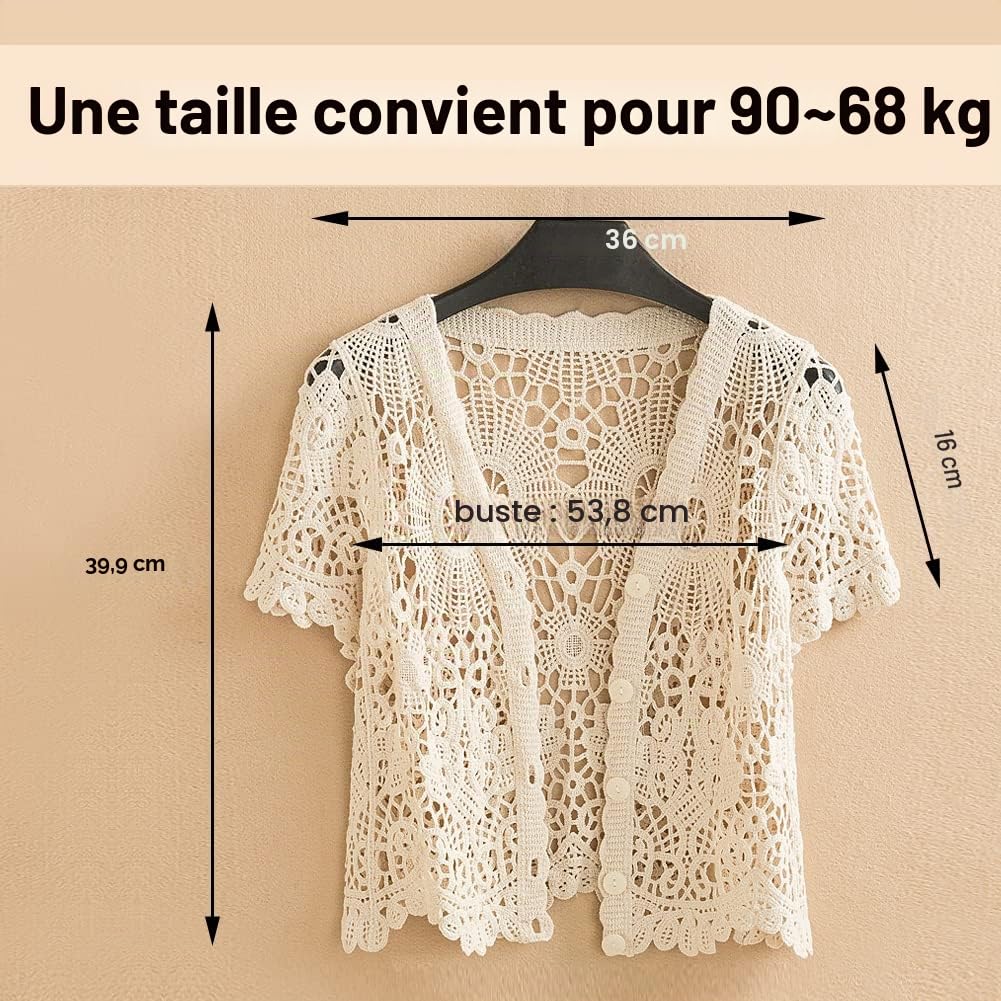 Boléro à manches courtes pour femme avec dentelle au crochet