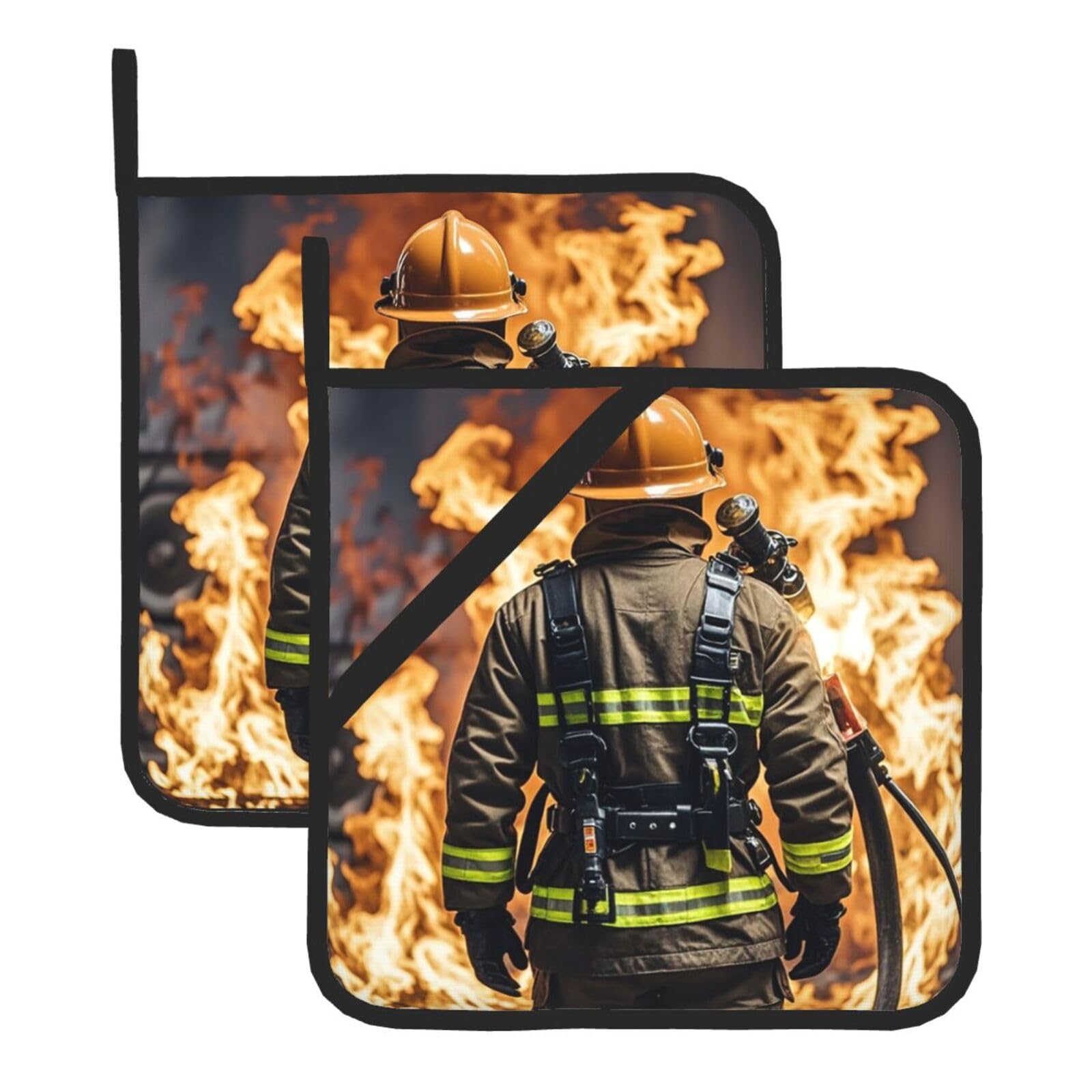Pot Holders for Kitchen Heat Resistant Hot Pads Firefighter Fireman Flame Potholders Set of 2 Trivets Non Slip Cotton Lining Home Kitchen Oven Hot Pads for Cooking Baking BBQ Kitchen Accessories