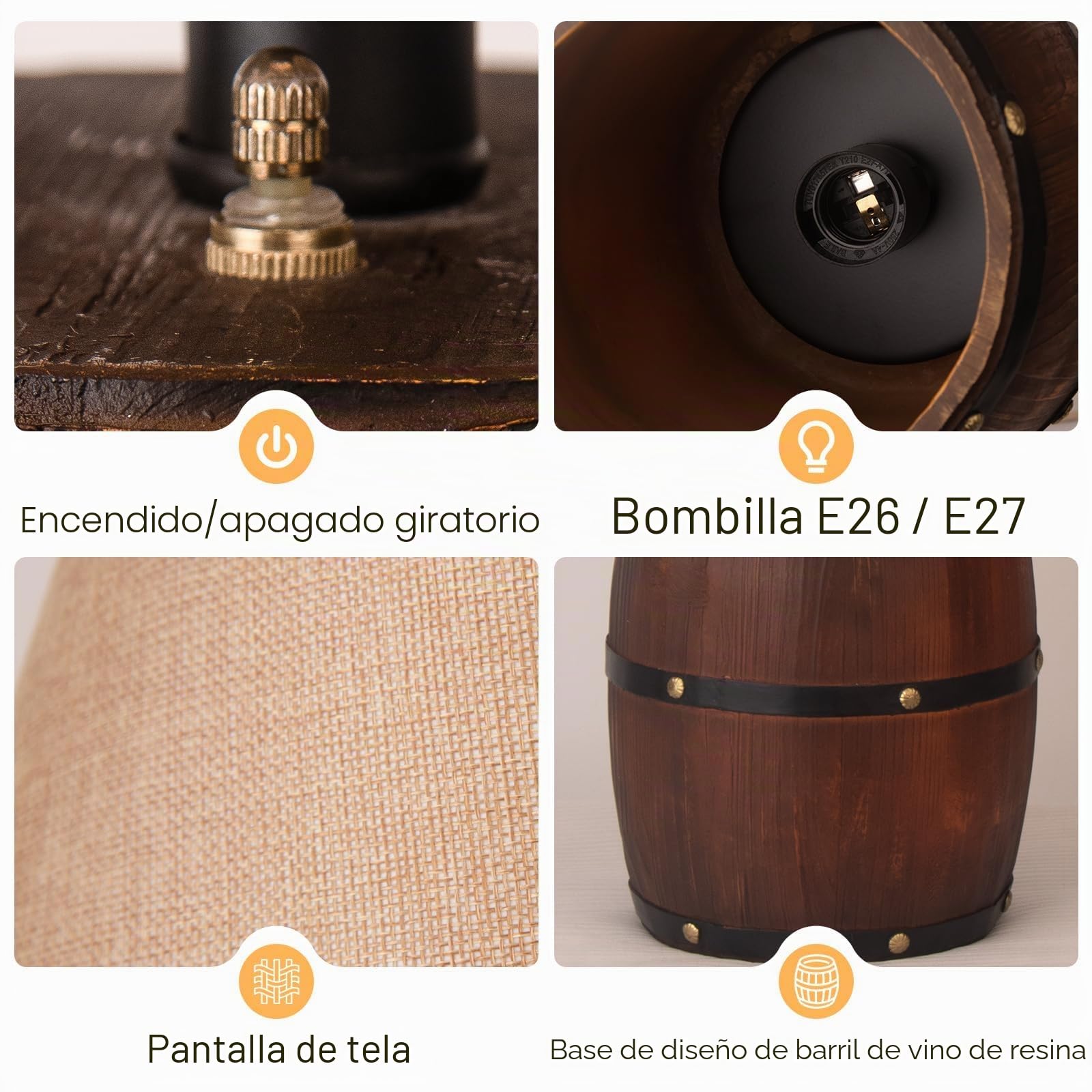 Antiguo barril de vino de madera lámpara de mesa, Pequeña lámpara de mesa rústico,Ajustable de tres modos de iluminación,Lampara de noche dormitorio,Decoracion habitacion