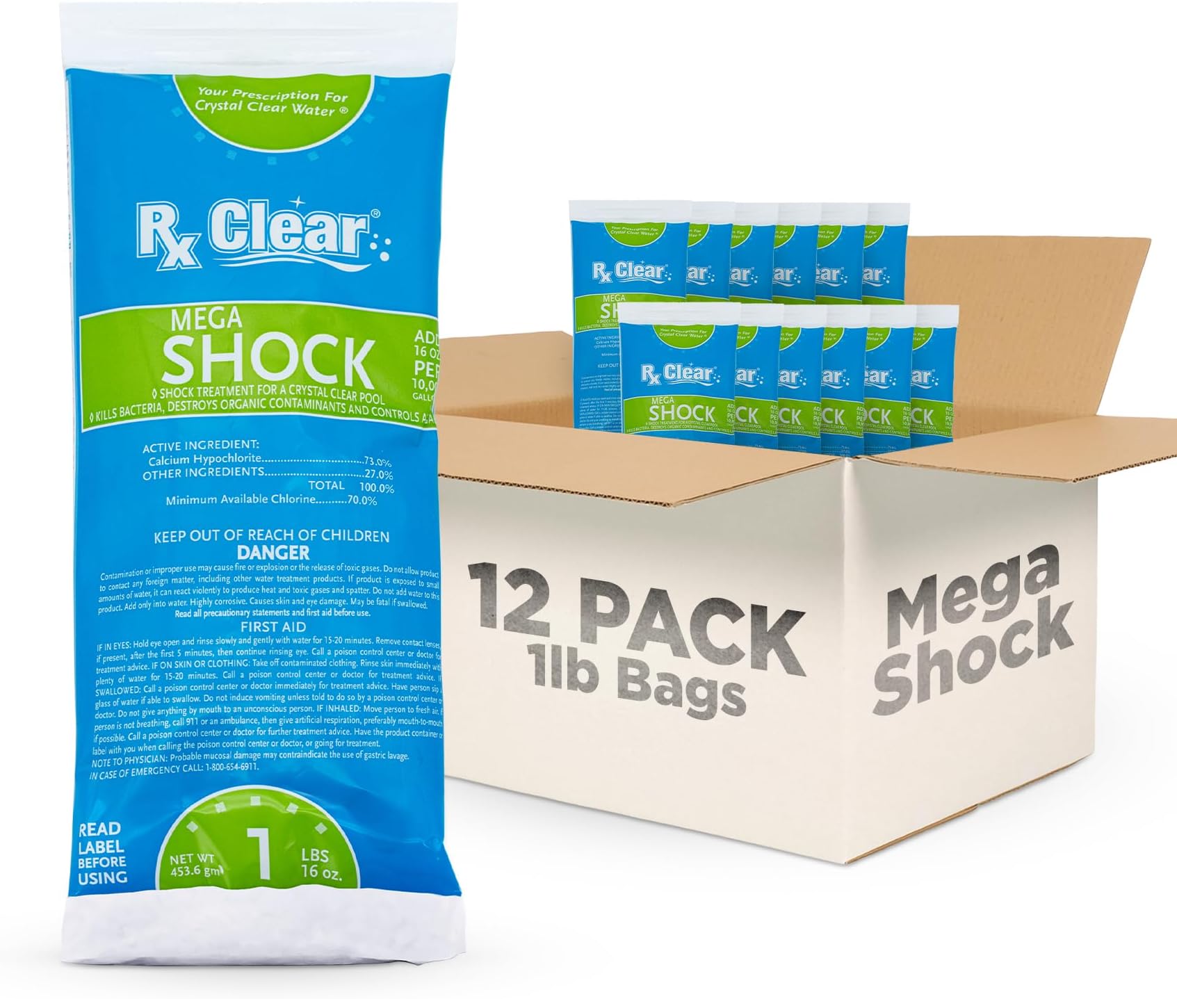 Rx Clear Mega Shock | 73% Calcium Hypochlorite | Kills Algae in Swimming Pools | Works As Pool Sanitizer Clarifier and Algicide | One Pound Bags | 12 Pack