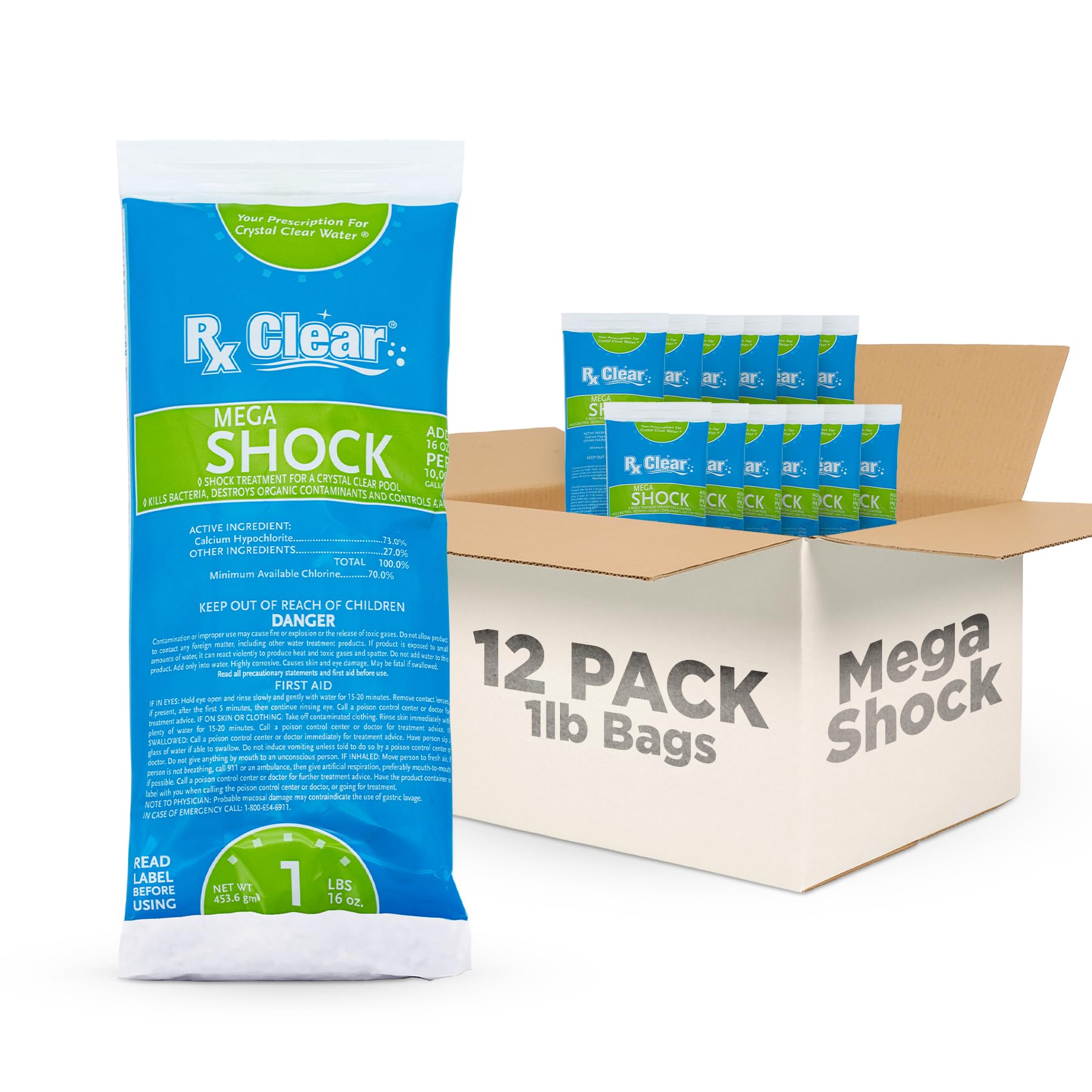 Rx Clear Mega Shock | 73% Calcium Hypochlorite | Kills Algae in Swimming Pools | Works As Pool Sanitizer Clarifier and Algicide | One Pound Bags | 12 Pack