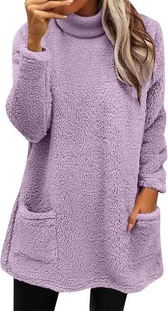Sherpa Turtleneck Sweater Women Fleece Mockneck Pullover Sweatshirt Mock Neck Cozy Fuzzy Long Sweaters with Pockets