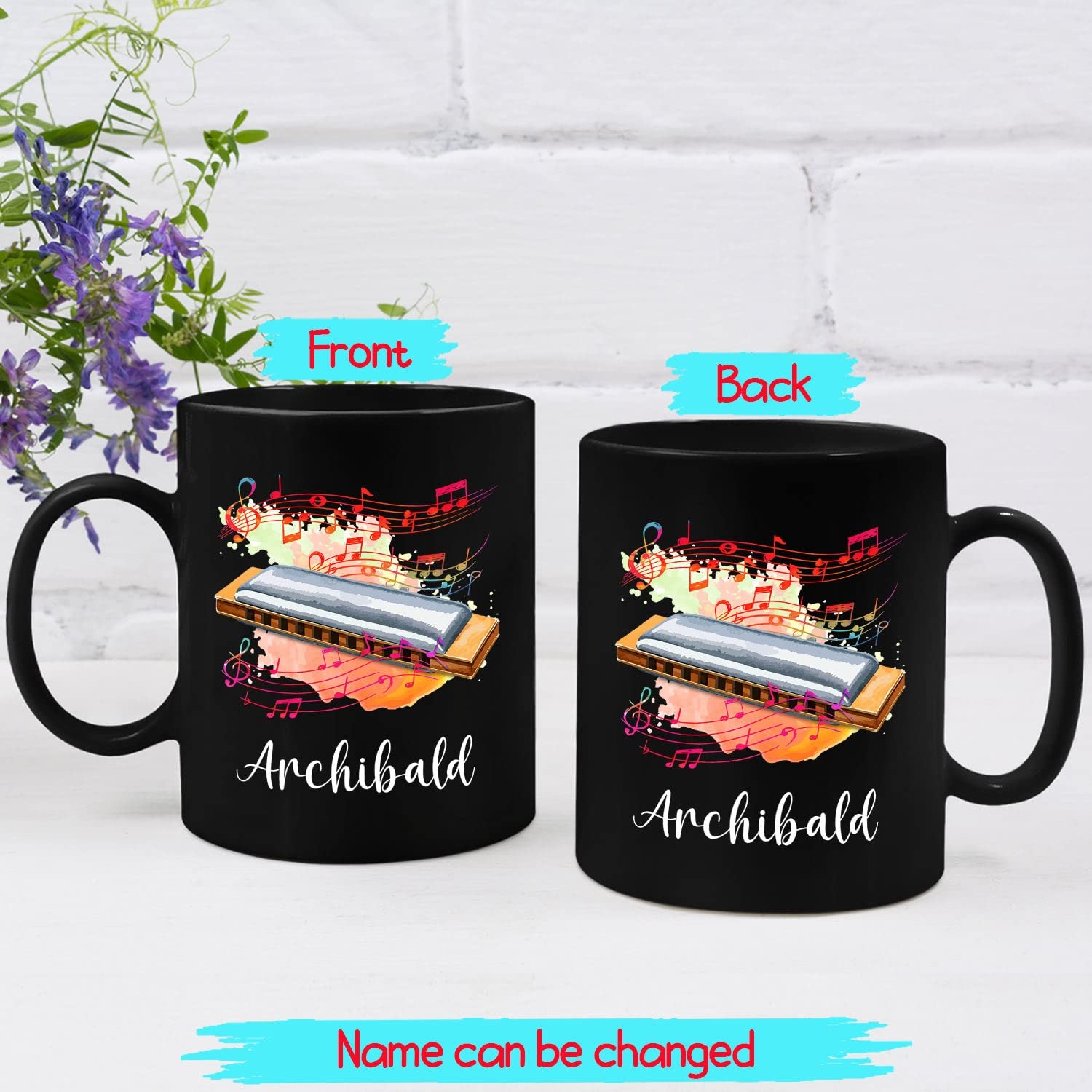 Personalized Harmonica Musician Instruments Travel Coffee Mugs Cups With Choose Name, Customized Harmonica Black Ceramic Mug 11 Oz 15 Oz, Harmonica Player Coffee Cup Gift For Harmonica Lover Birthday