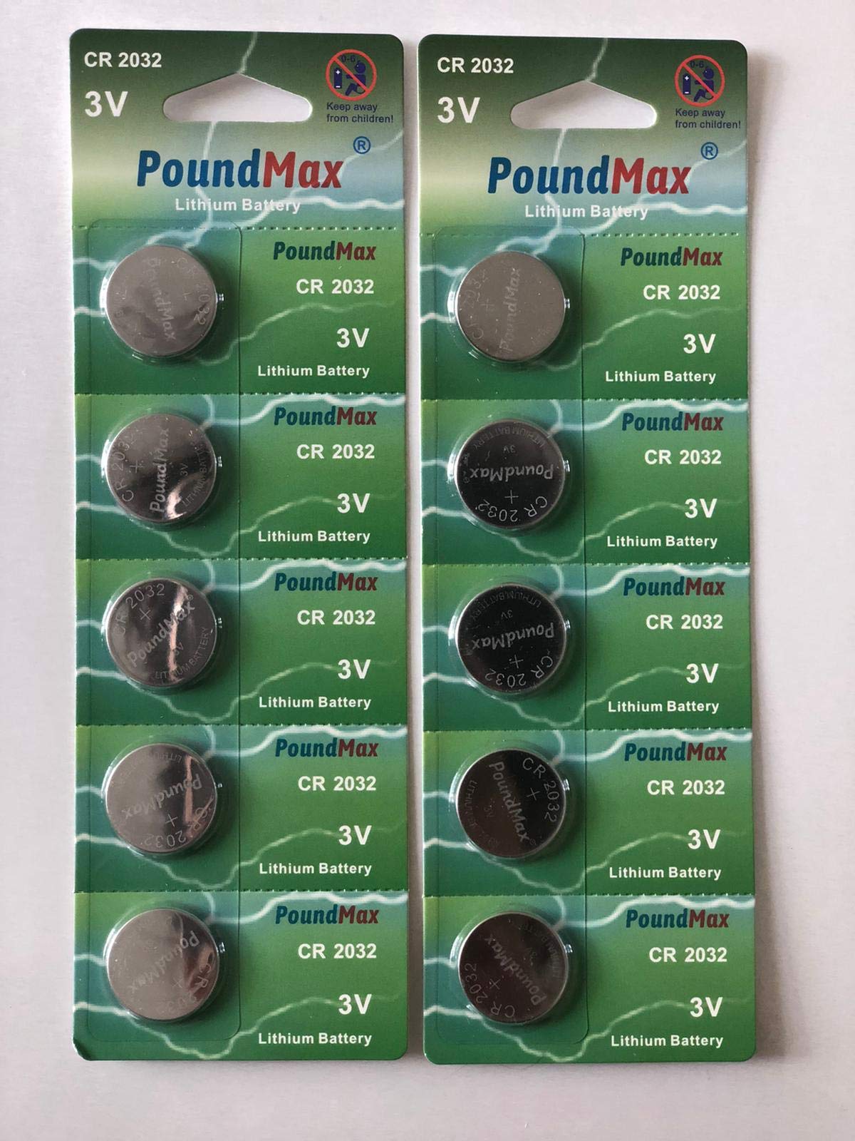 Poundmax Ogniwo Guzikowe CR2032 3V Litowe Baterie, 10 Sztuk