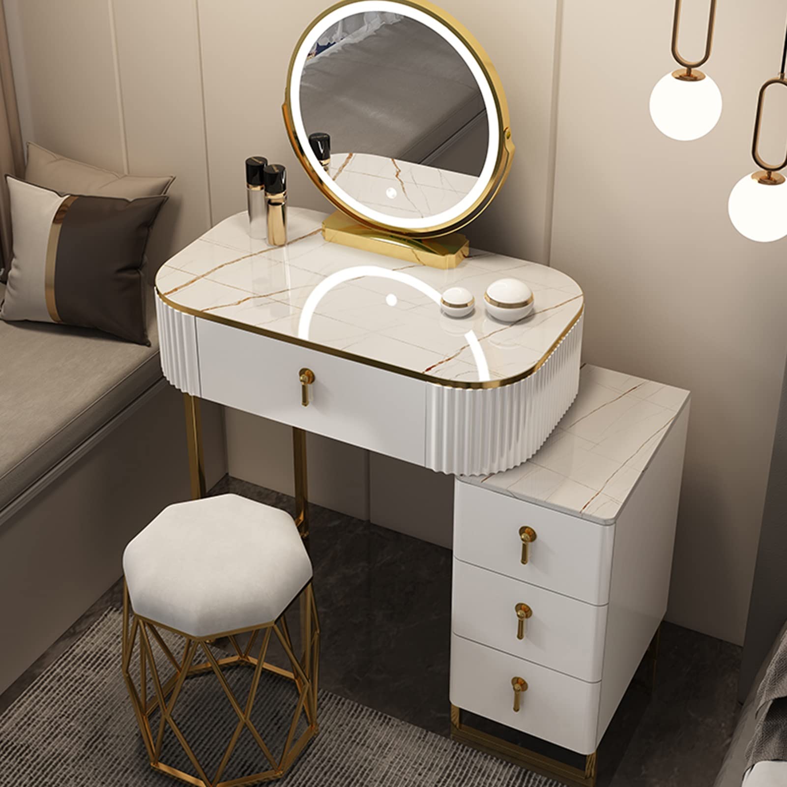 asdchZen Adjustable Led Makeup Vanity Table With Cushioned Stool & Drawers-Stylish Dressing Table For Bedroom Decor, White, 60Cm / 23.6In-Perfect Cosmetic Storage Solution,White a-50cm/19.6in