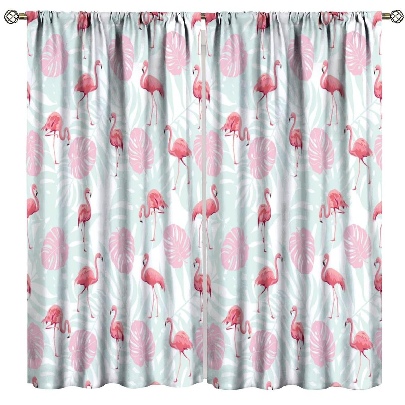 HZOHNAGO Flamingo Curtains Pink and Green Palm Leaves Botanical Flamingo Pattern Print Decor Rod Pocket Window Drapes for Bedroom Living Room 42x45in