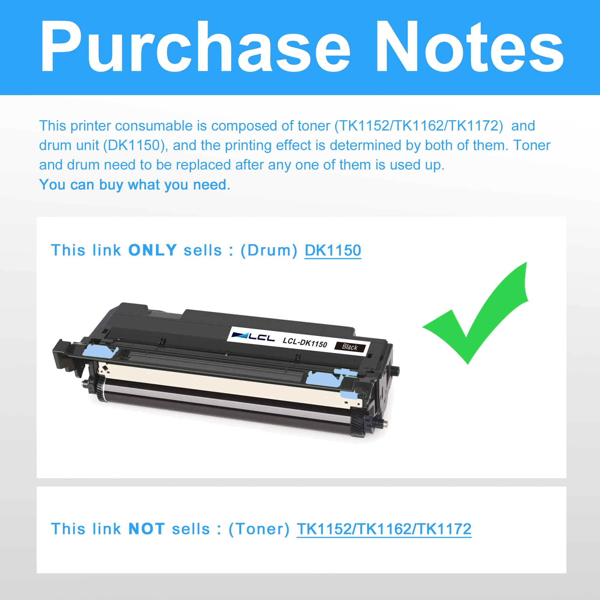 LCL DK1150 DK-1150 302RV93010 Tamburo Compatible (Nero) Sostituzione per Kyocera Ecosys P2040 P2040DN P2040DW M2040 M2040dn M2540 M2540d M2540dw M2640 M2640idw laser printers P2235dw M2635dw M2635dn
