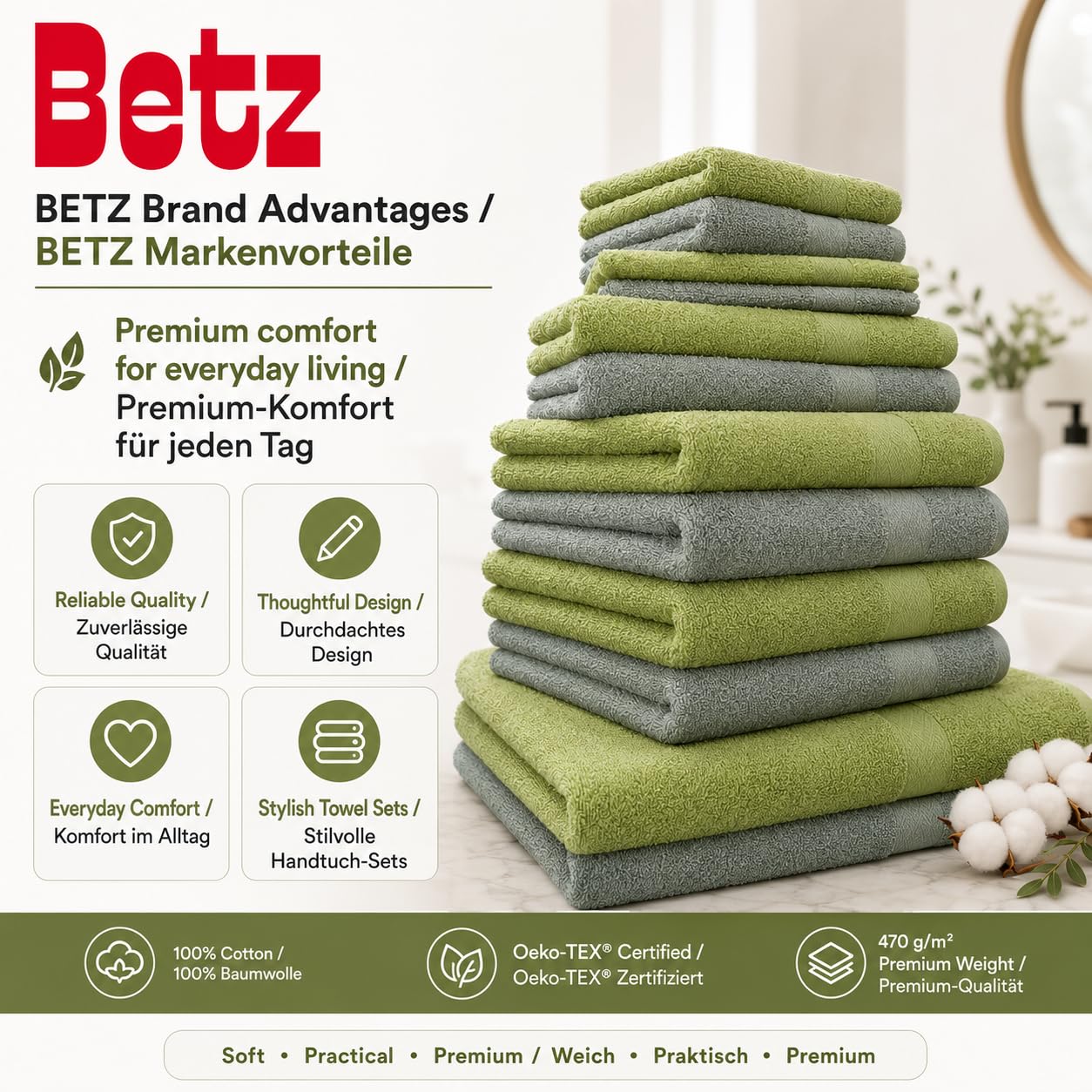 Betz 12-częściowy zestaw ręczników premium 100% bawełna 2 ręczniki kąpielowe 4 ręczniki do rąk 2 ręczniki dla gości 2 ręczniki do rąk 2 rękawice do mycia kolor dzisiejszy zielony/awokadogram