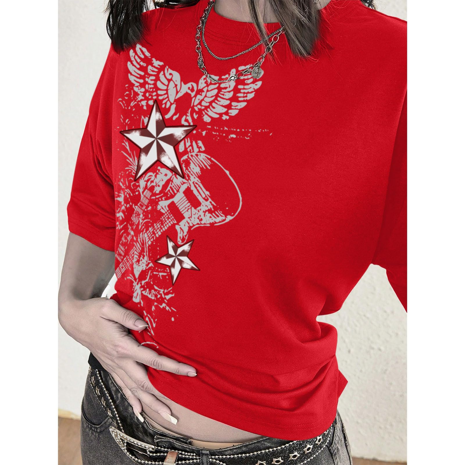 Weetiotio Vintage Rock Band T Shirts for Women Oversized Graphic Tees Country Music Y2k Grunge Shirts Baggy Streetwear Shirt: Red X-Large