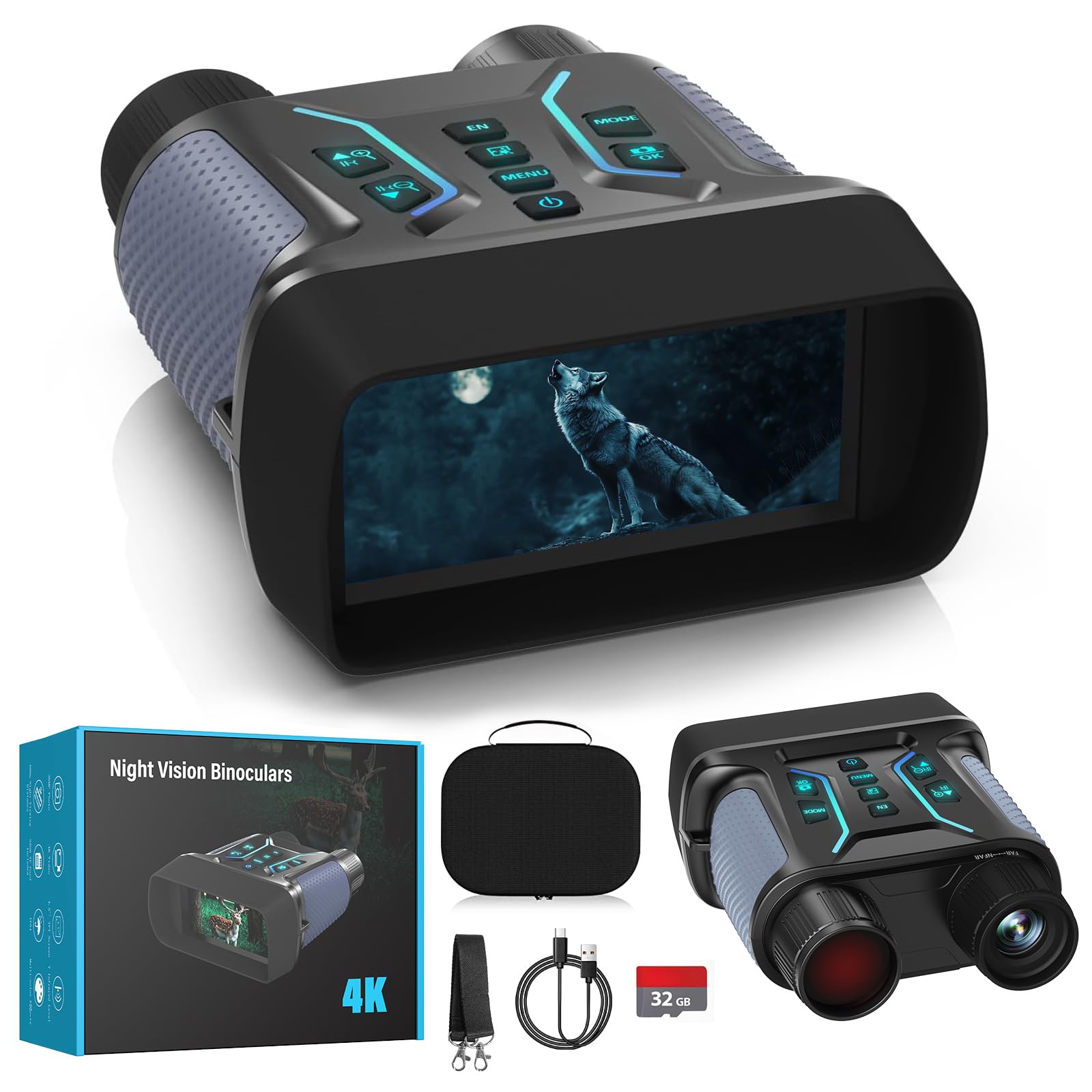 4K Nachtsichtgerät 36MP, 8X Digitaler Zoom 4.5" HD-Display Infrarot Fernglas mit 7-Stufiges Nachtsicht, 4500mAh Akku, 32GB TF Karte