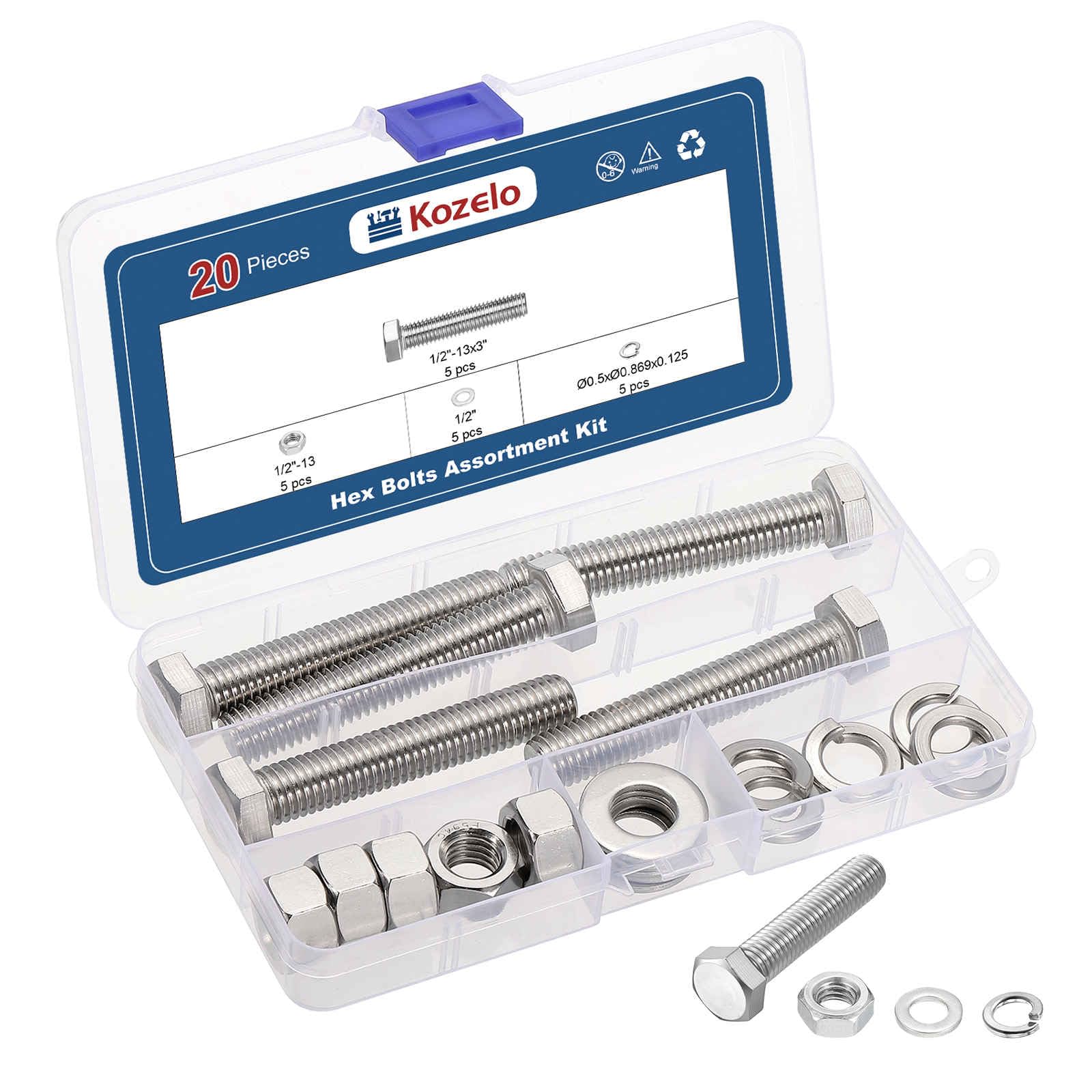 Kozelo 20 Pcs Bolts and Nuts Washers Kit - [1/2"-13x3"] 304 Stainless Steel Hex Tap Bolt Assortment Fully Threaded Hexagon Head Machine Bolts Right Hand External Hex Drive, Silver Tone — image 1