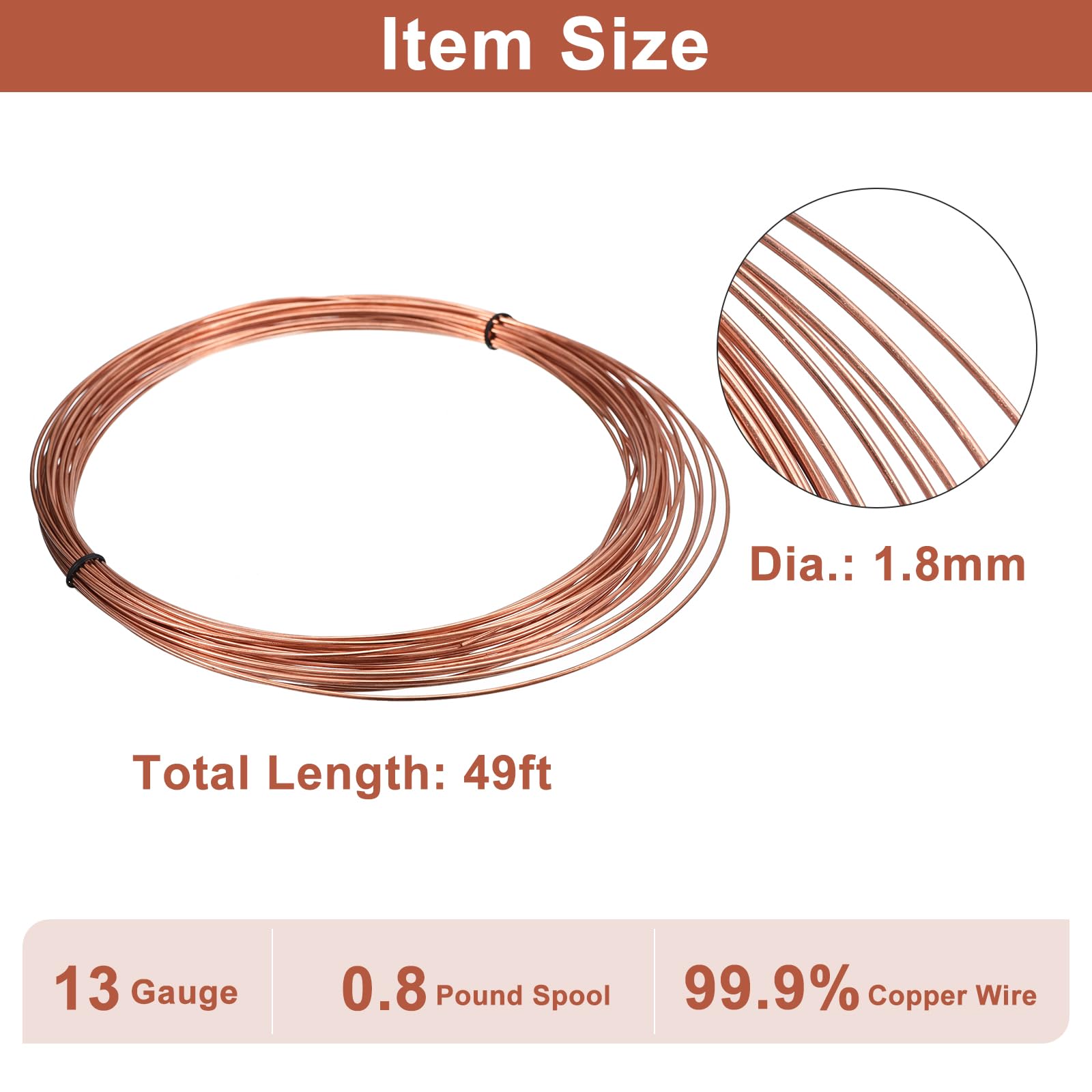uxcell 99.9% Soft Copper Wire(13 Gauge, 49 FT), 0.8 Pound Spool Pure Copper Wire for Jewelry Making Craft, Decorations - Image 4