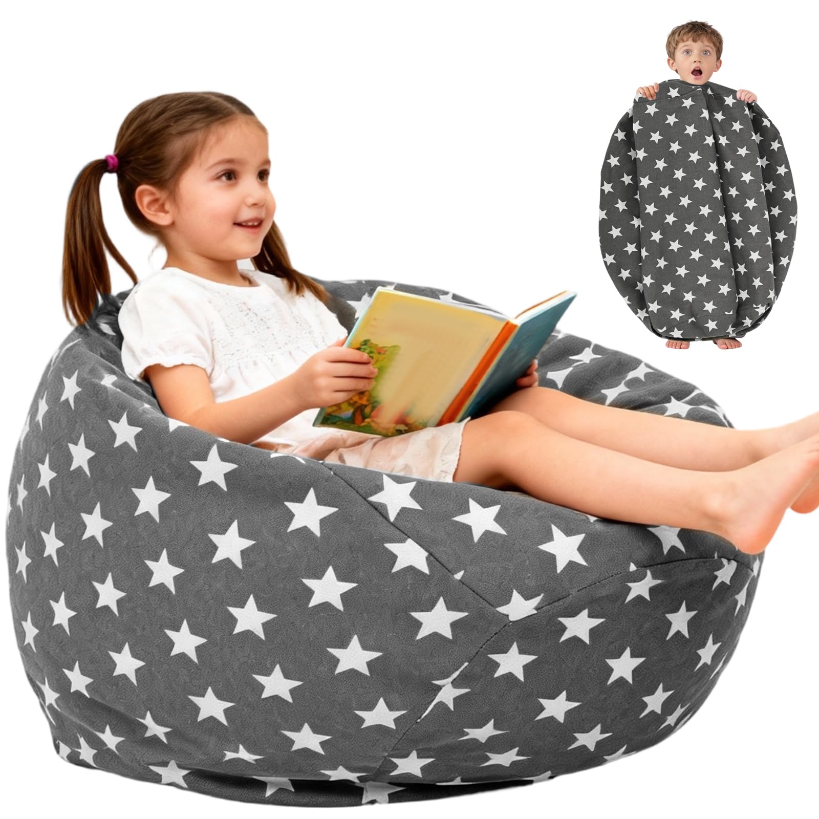 Bean Bag Chair Cover,Stuffed Animal Storage Bean Bag Cover without Filling,Large Capacity Toy Storage with Zip,Canvas Stuffable Toy Organizer for Bedroom Nursery Playroom Dorm Home Travel(Grey)
