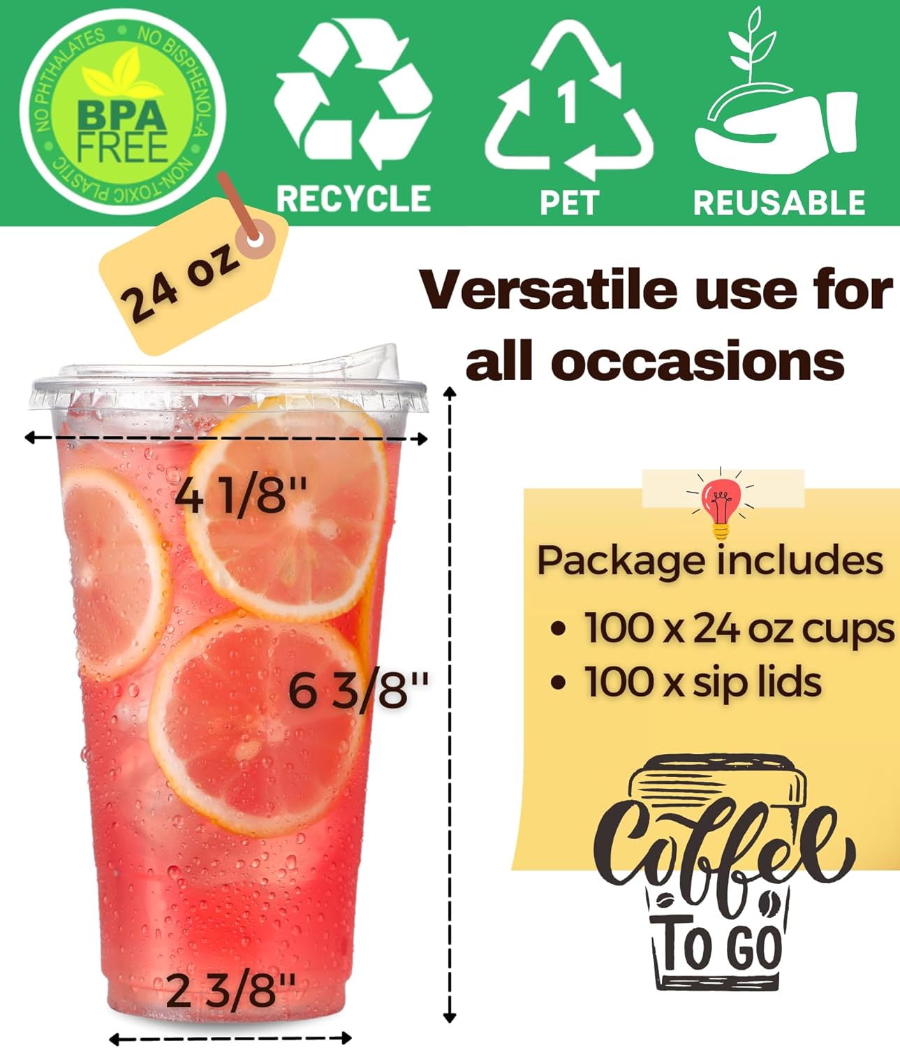 100 Pack 24 oz Clear Plastic Cups with Strawless-Sip-Lids, Disposable Cups Plastic Iced Coffee Cups, To Go Cups with Sip Through Lids for Smoothie, Milkshake, Cold Drinks for Party, Wedding, Event - Image 4