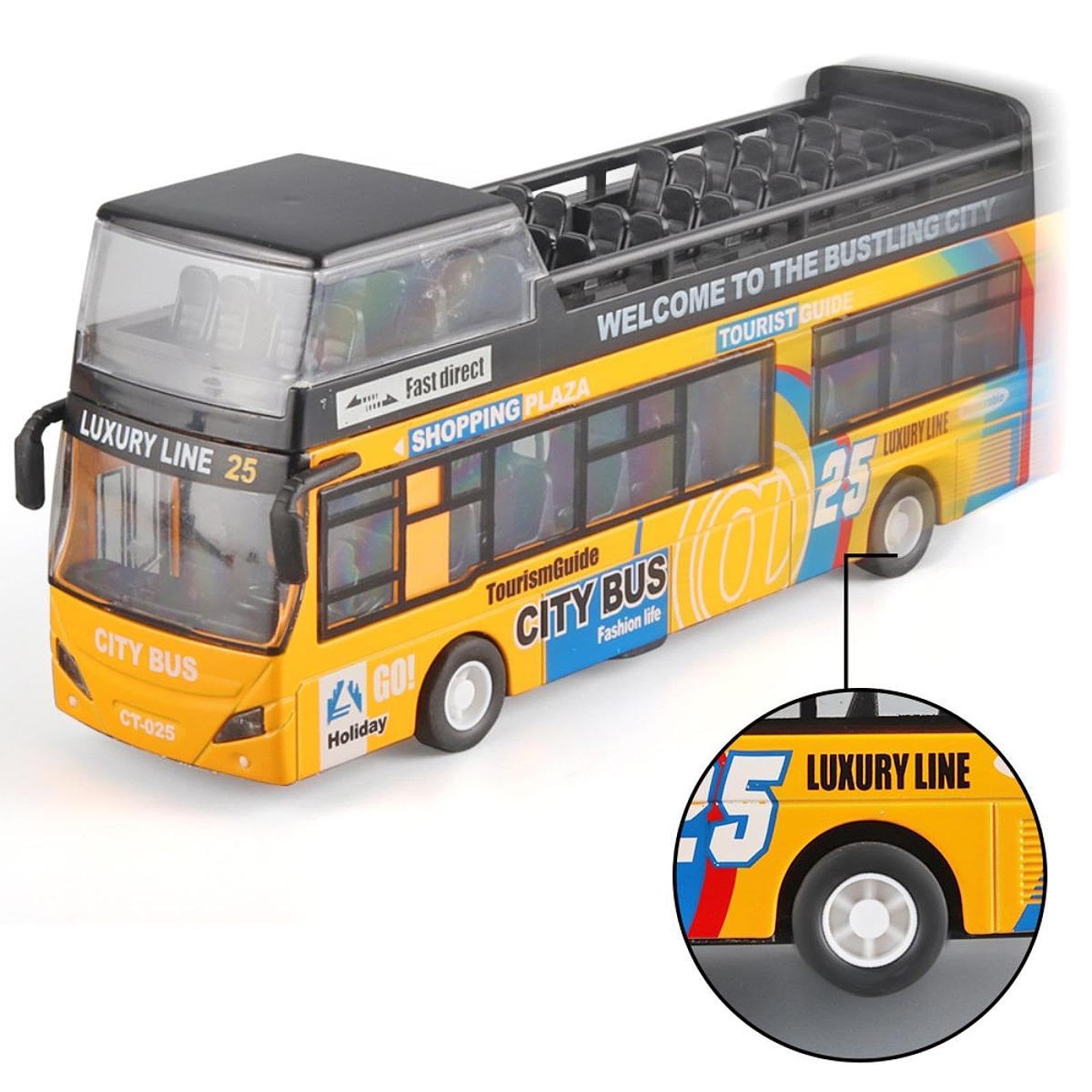 Qianly Autobus Giocattolo a Due Piani con Meccanismo a Frizione, Luci, Suoni, Porte Apribili E Pneumatici in Gomma - Adatto alla Collezione dei Bambini, Giallo