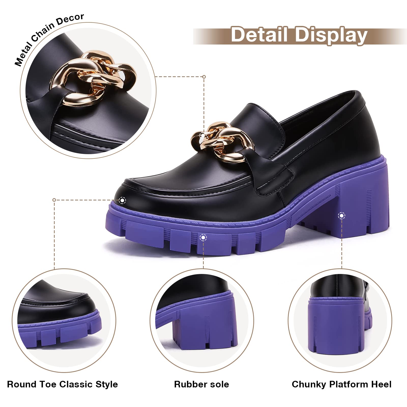 TINSTREE Platform Loafers for Women with Chain Comfort Chunky Heel Slip On Round Toe Business Work Shoes