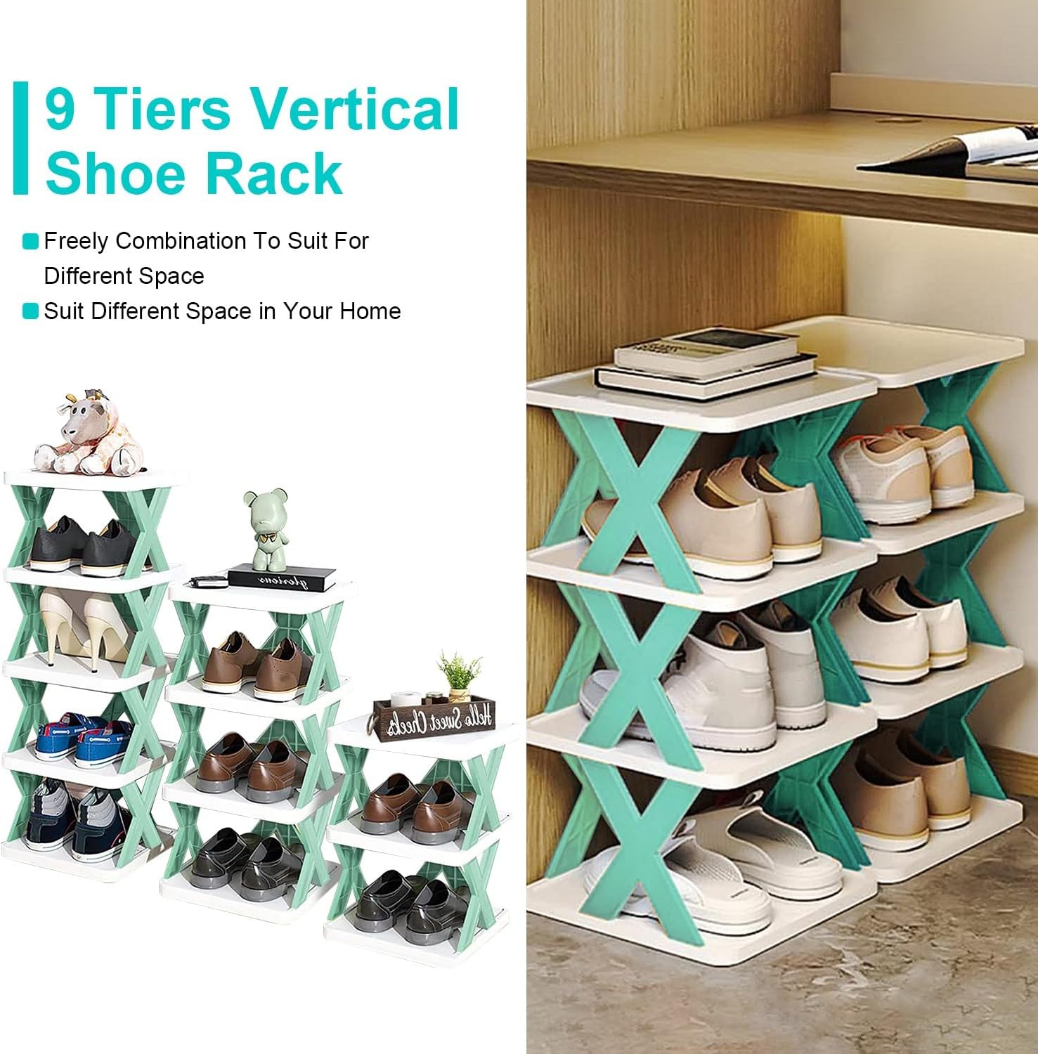 iMounTEK Free Standing Shoe Rack 9Tier Narrow Entryway Shoe Rack Plastic Vertical Shoe Organizer Space Saving Adjustable Shoes Storage Shelf Closet for Bedroom Entrance for Hallway/Orange