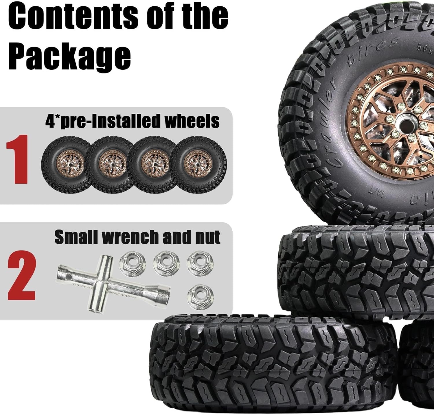 2.2" Beadlock Wheel Tire Set with Brake Discs for 1/10 RC Crawler - 5.0x1.9" Soft Rubber Tire, Aluminum Wheel, 12mm Hex, 6.7mm Bore, 9.5mm Offset - Fit for SCX10 SCX10 II III TRX4 TRX6 Gen8 VS4-10