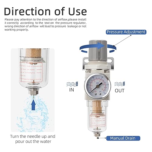 Miniatura 5 de Combo Regulador de Filtro de Compresor de Aire Neumático 1/4" NPT 150 PSI con Calibrador Ajustable - Separador de Agua, Soporte de Metal, Drenaje