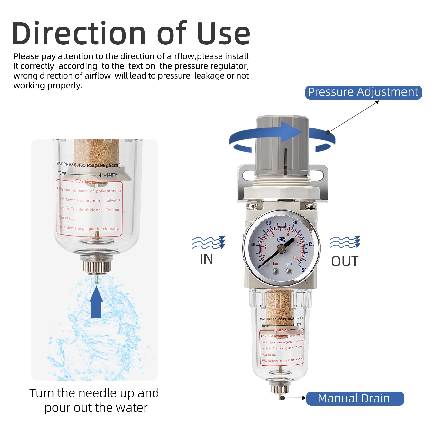 Pneumatic Air Compressor Filter Regulator Combo 1/4" NPT 150 PSI w/Adjustable Gauge-Water Separator,Metal Bracket,Manual Drain,5 Micron Brass Cartridge — Amazon image 5