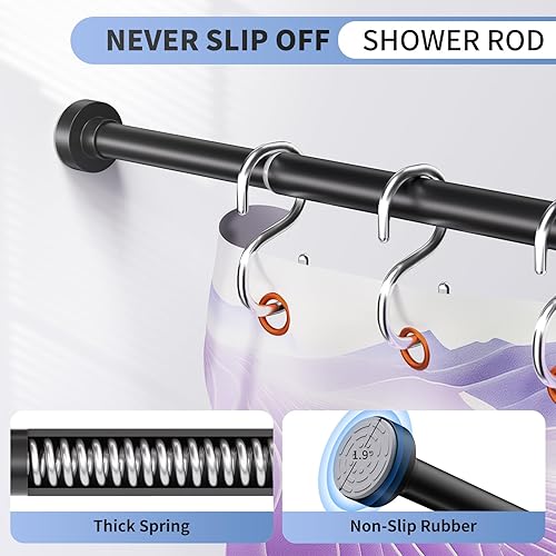 Miniatura 2 de Barra de cortina de ducha negra de 34 a 66 pulgadas (2.8 a 5.5 pies), nunca se oxida, barra de ducha ajustable, tensión de resorte, antideslizante,