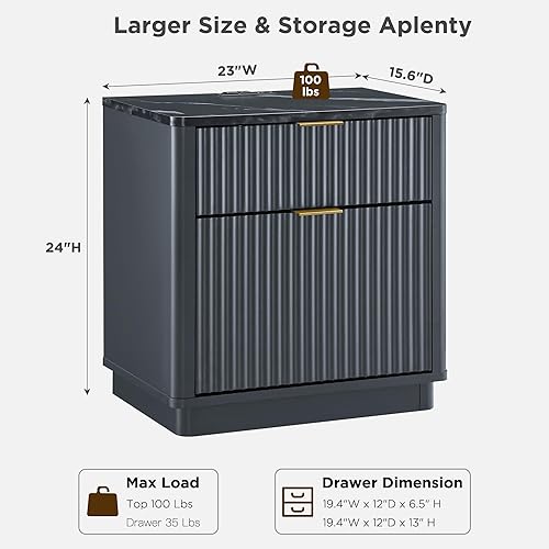 Miniatura 2 de T4TREAM Mesita de noche acanalada de 23 pulgadas con estación de carga, mesa de noche grande con 2 cajones, mesa auxiliar moderna con