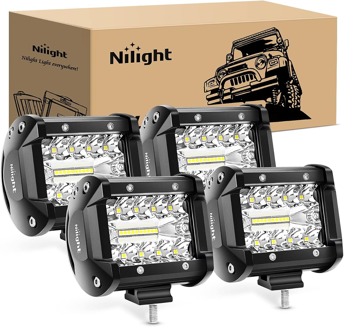 4 unidades de luces LED de 4 pulgadas, 60 W, combo de punto de inundación de triple fila, barra de luz de 6000 lm, luces antiniebla de conducción, iluminación todoterreno para camiones, camionetas, carritos de golf, SUV, ATV, UTV, 4x4, furgoneta, camper, barco