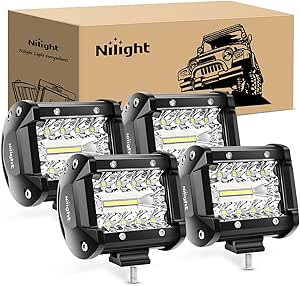Nilight 4Pcs 4-Inch 60W LED Pods - Triple Row Flood Spot Combo Light Bar for Off-Road Vehicles