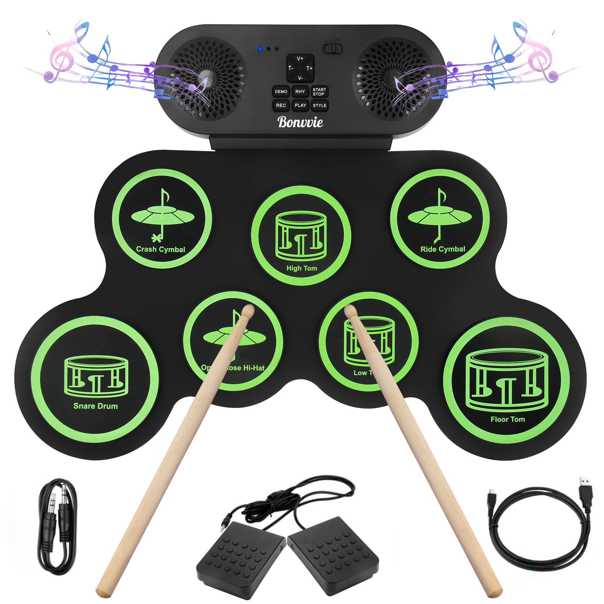 Electronic Drum E-Drum Kit, Bonvvie Roll Up Digital Drums with 7 Pads, MIDI, DTC, Built-in Dual Speakers, Rechargeable 1200mAh Li-ion Battery, Ideal for Beginners, Students & Music Enthusiasts