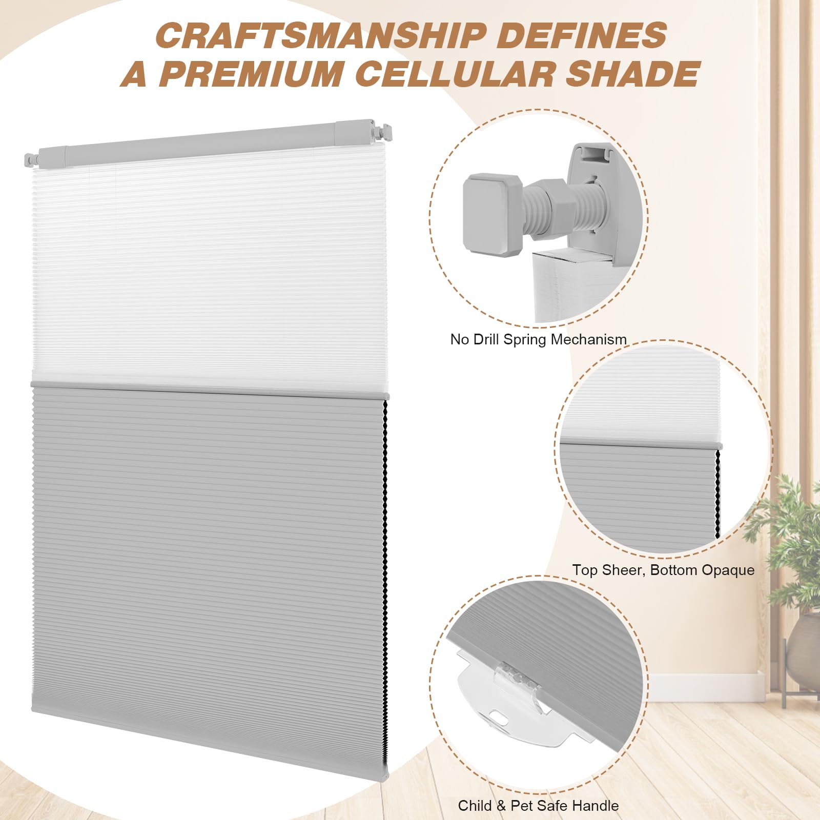 2-in-1-Wabenjalousien für Tag und Nacht, schnurlos, doppelte Wabenjalousien, verdunkelnde und lichtdurchlässige Plissee-Akkordeonjalousien für Innenfenster(Hellgrau,96cm W x 180cm H)