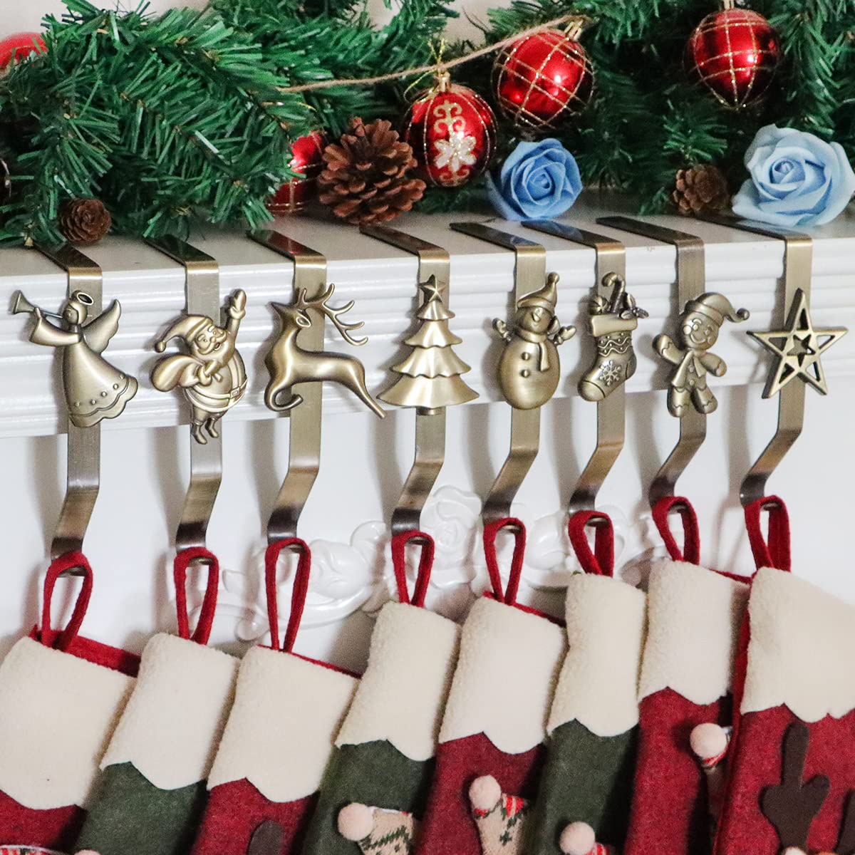 Christmas Stocking Holder for Mantle Set of 8, Reusable Christmas Stocking Hooks, No-Damage Xmas Hanger for Fireplace Mantle Grip Stand Christmas Decoration Ornaments Hanging Bronze Shelf Floor