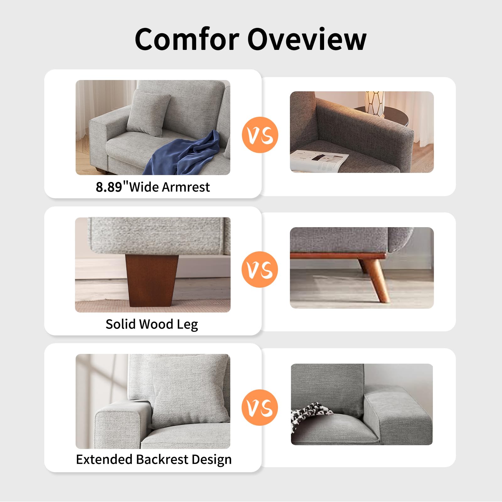 DOPEDIO Modern Loveseat Sofa for Living Room,Chenille Recliner, Removable Cover, Spring Cushions, Solid Wood Frame, Easy Assembly for Small Spaces (88.58inch，Light Gray) - 5