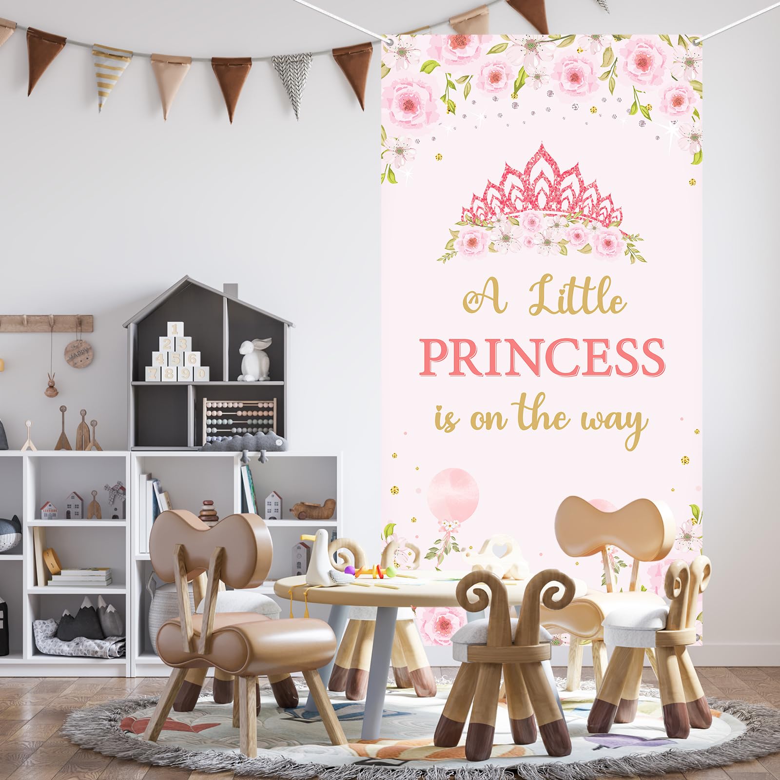 Decoración de pancarta de puerta de baby shower con texto en inglés "A Little Princess is on the Way", decoración de fiesta de revelación de género, fondo de fotografía de baby shower, rosa