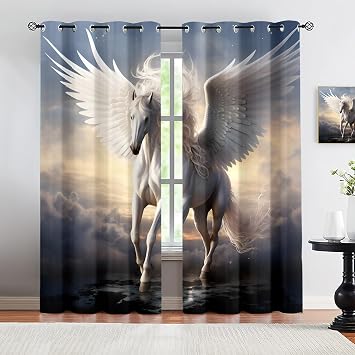 DEOUFIA Cloud Layer Dreamy Pegasus Print 3D Print Window Curtain Panel, Fantasy Winged Horse Blackout Privacy Drapes, 2 Panels Panels Grommet Light Filtering Window Curtains - 63x84in