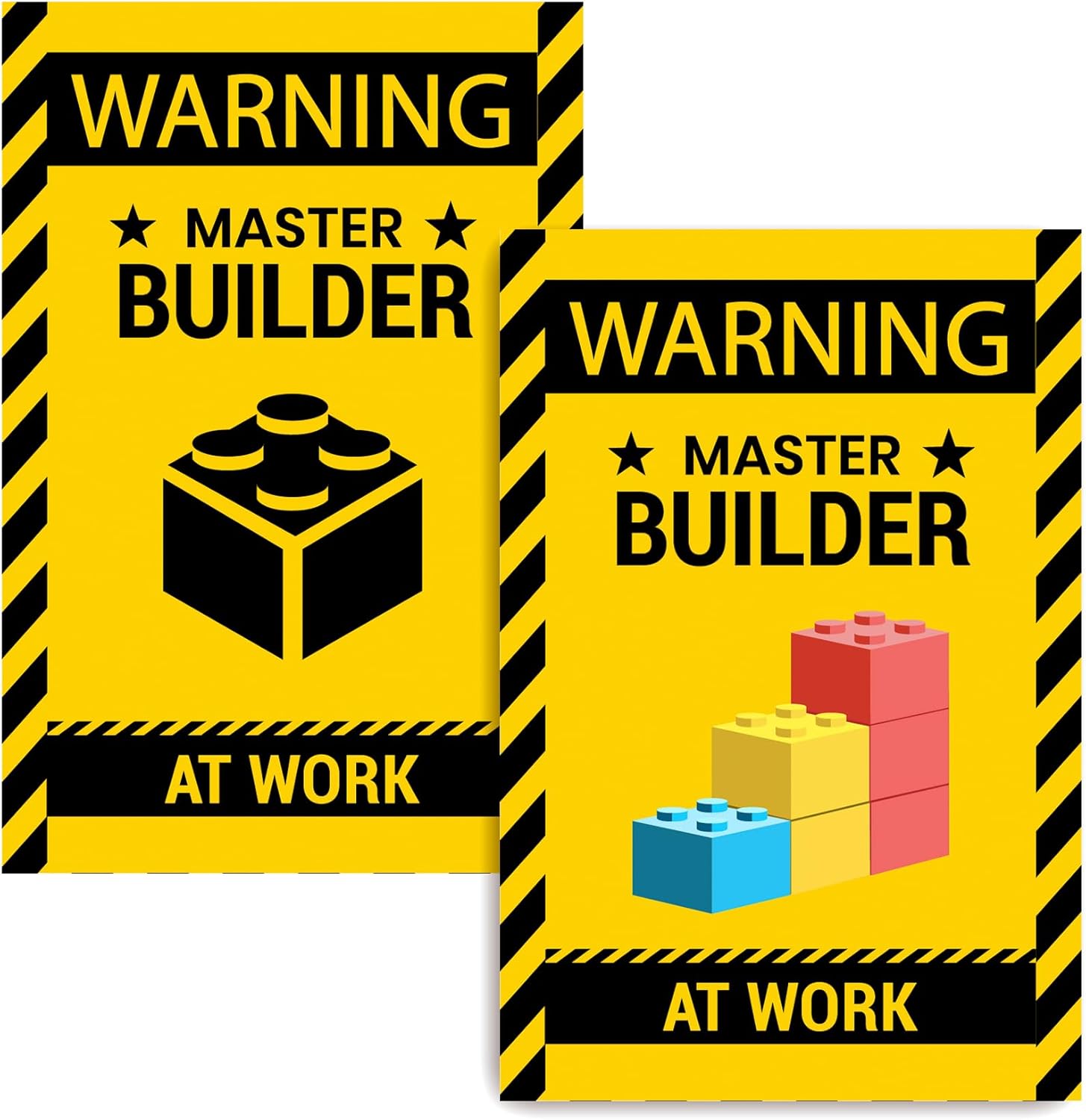 2 Pcs Wall Decor Poster Warning Master Builder at Work Sticker, Vinyl Print Building Block Bricks Door & Room Caution for Brickbuilders, Medium(12”x18”)