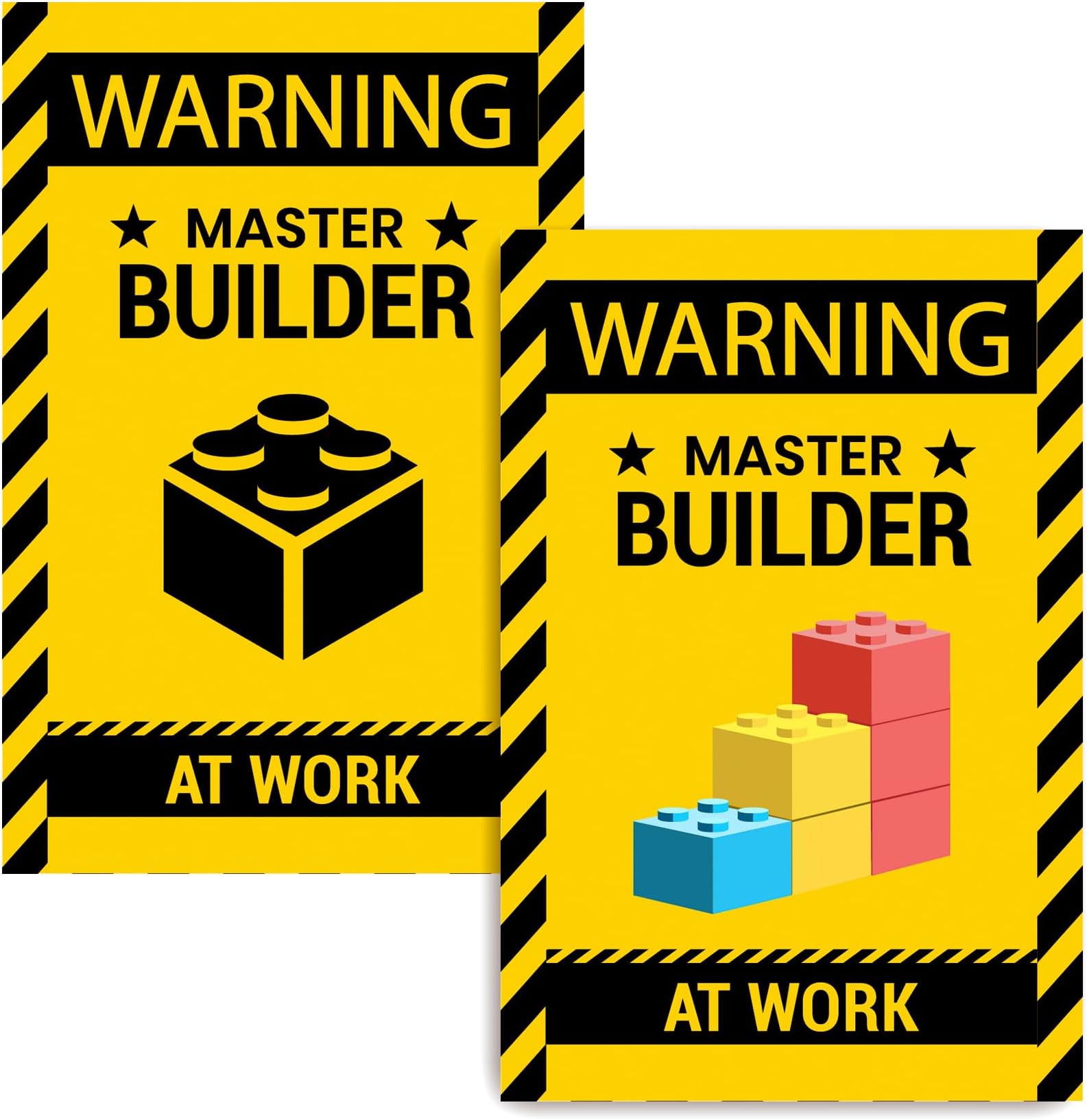 2 Pcs Wall Decor Poster Warning Master Builder at Work Sticker, Vinyl Print Building Block Bricks Door & Room Caution for Brickbuilders, Small(7”x10”)