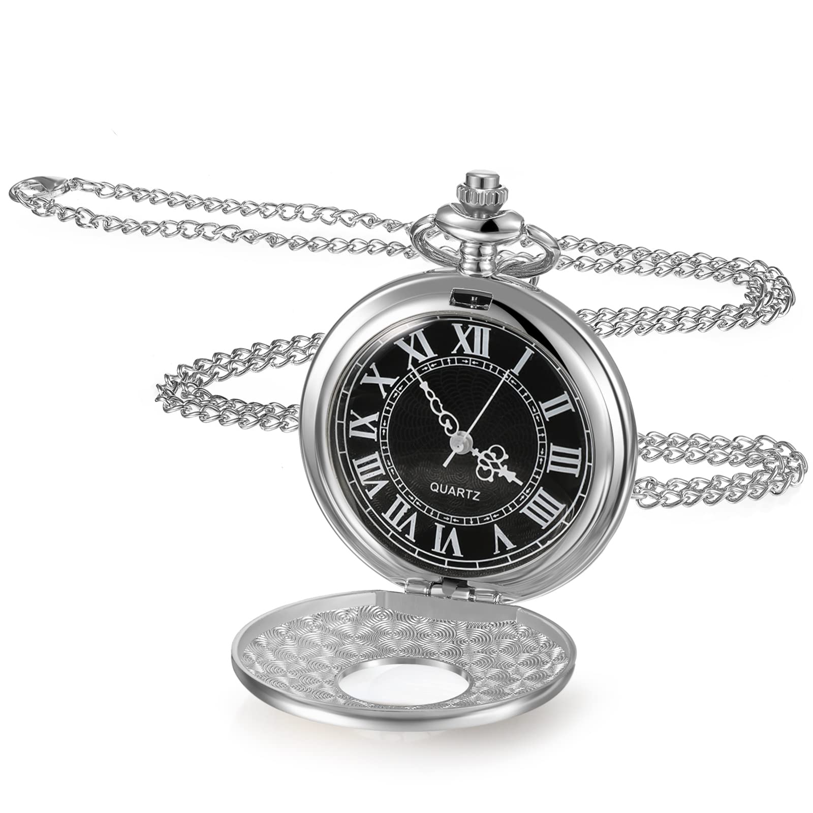Reloj de Bolsillo, Reloj de Bolsillo Vintage Liso con Cadena números Romanos Reloj Antiguo for Hombres Mujeres papá cumpleaños Aniversario día(Silver)