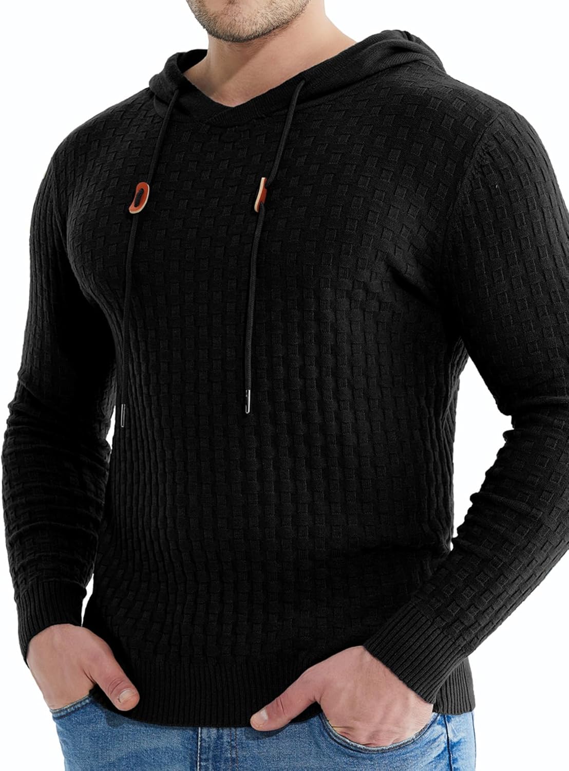 Askdeer Men's Pullover Sweater Long Sleeve Waffle Knitted Sweater Casual Soft Hoodie Pullover Sweaterwith Ribbing Edge Black - Image 4
