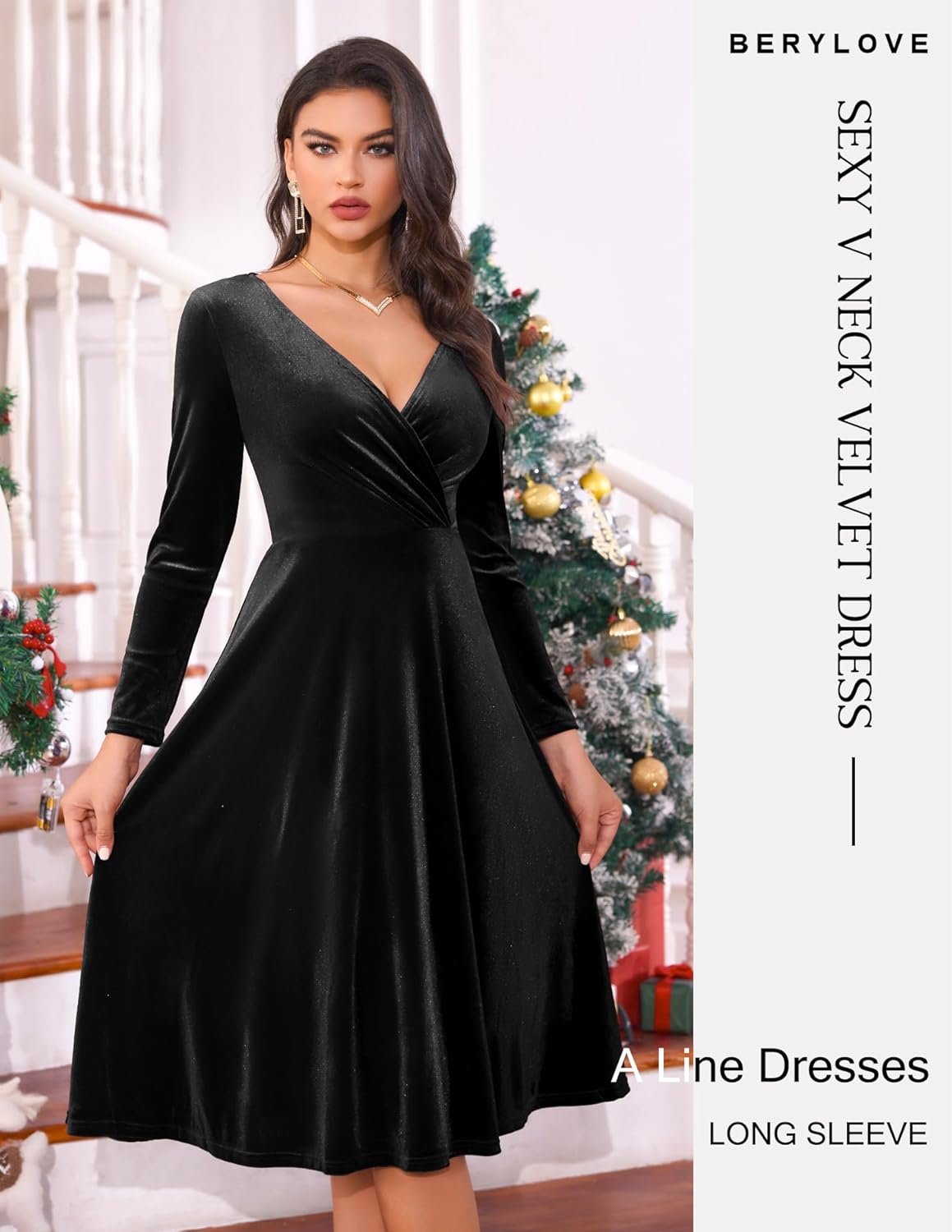 BeryLove Velvet Cocktail Party Formal Dress Long Sleeve Winter Wedding Guest Dresses - Image 6