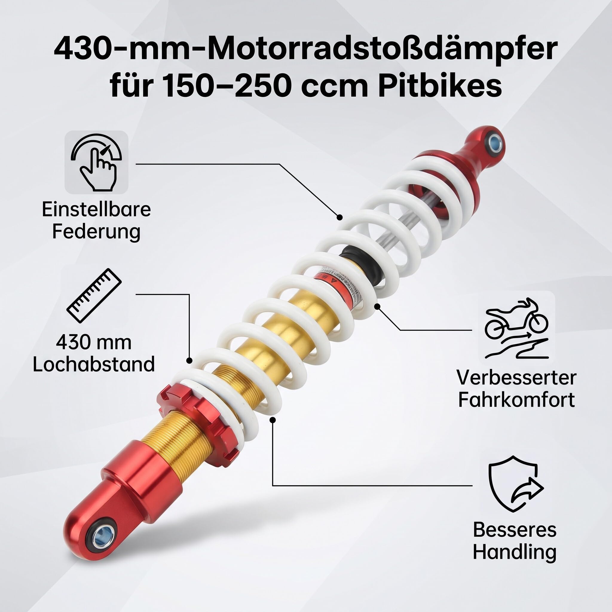 Amortisseur Arrière Moto 430mm à Amortissement Réglable, Ressort Haute Performance 9mm, pour Dirt Bike, Quad, ATV à